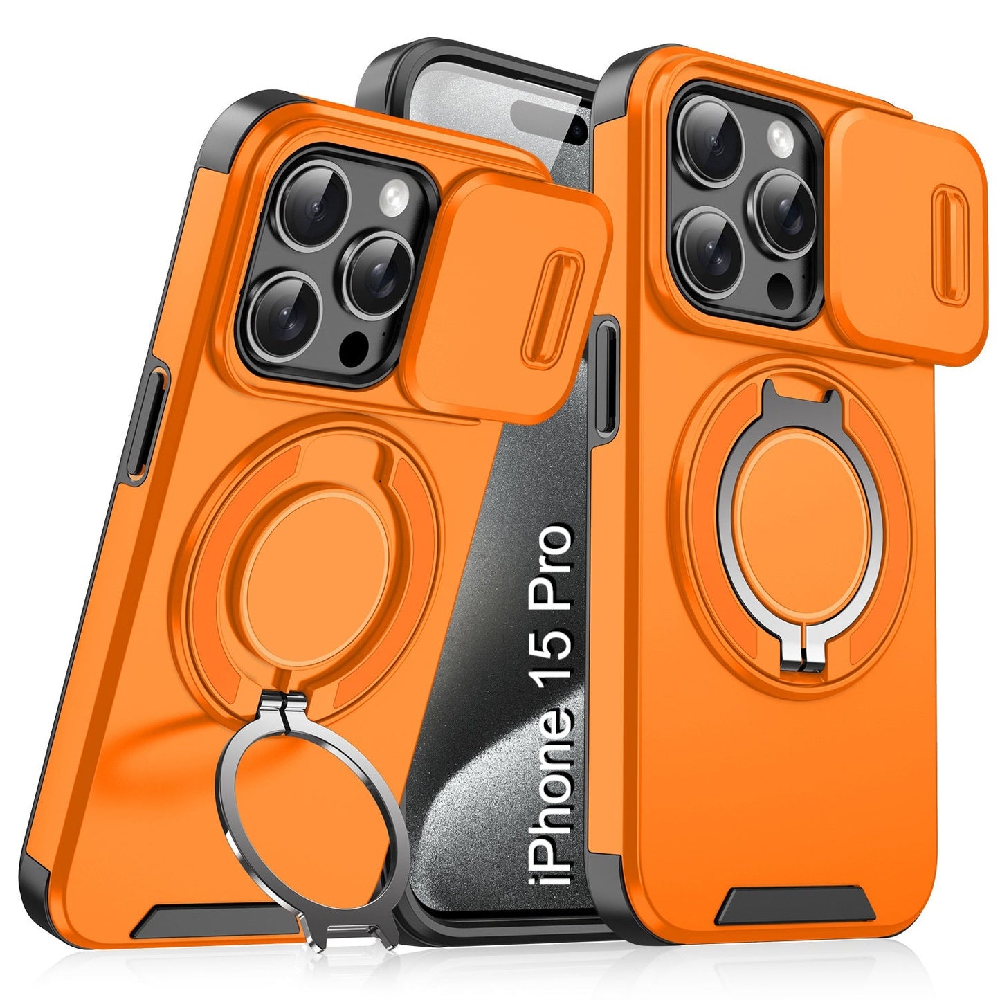 LuxuryKase Shockproof Magnetic Case with Slide Camera Cover | 360° Rotating Ring Kickstand | Mag-Safe Compatible | Rugged Armor Protection For iPhone Series