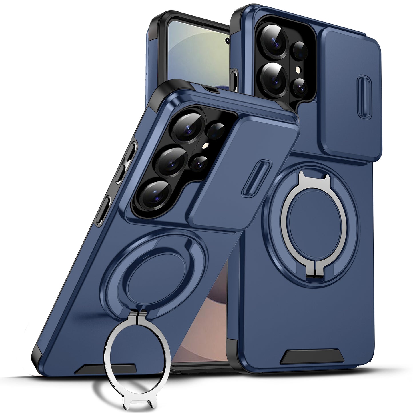 LuxuryKase Shockproof Case with Slide Camera Cover | 360° Rotating Ring Kickstand | Rugged Armour Protection For Samsung Series