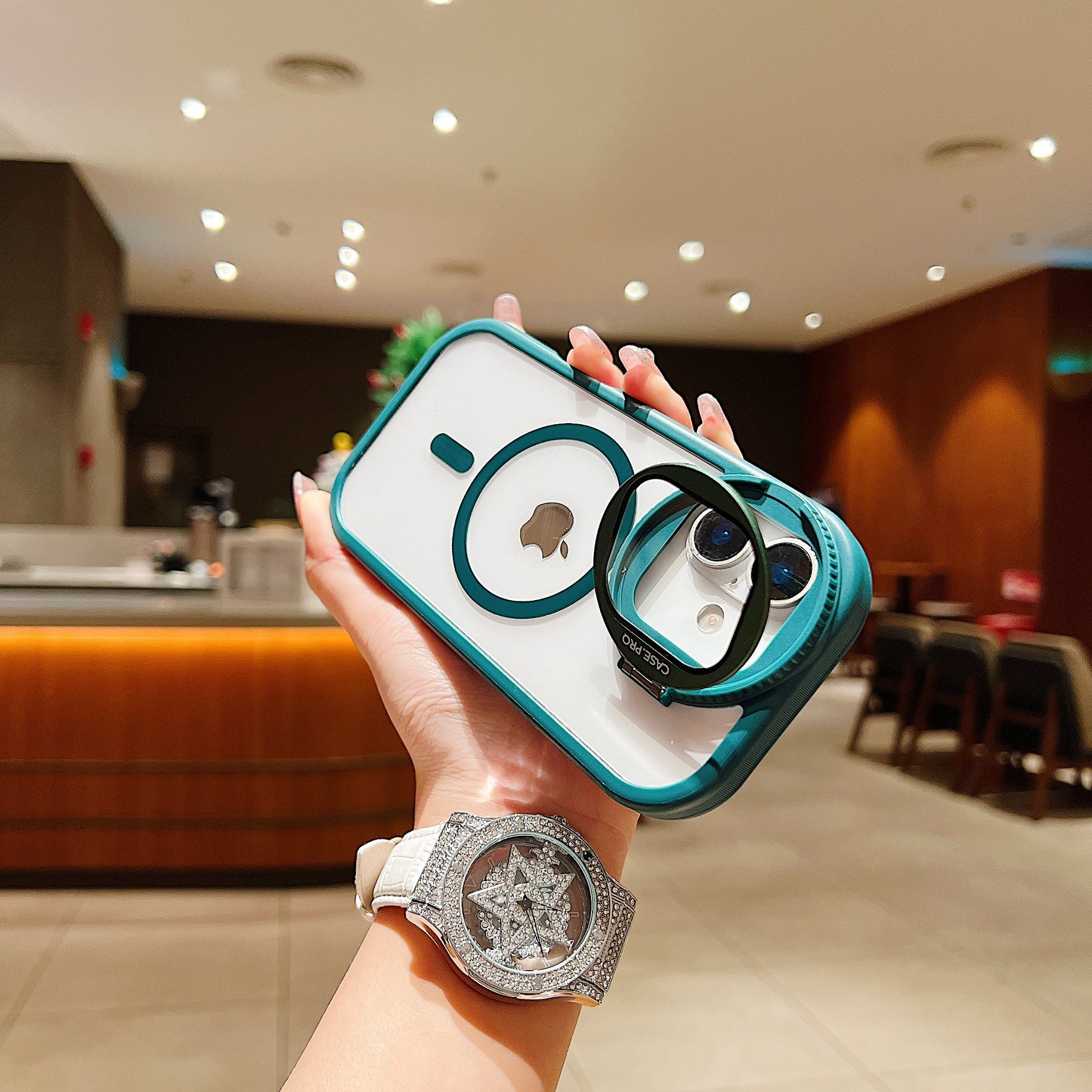 LuxuryKase Magnetic Transparent Back Case | Shockproof Hard PC Bumper Cover with Camera Lens Guard Kickstand | Mag-Safe Support For iPhone