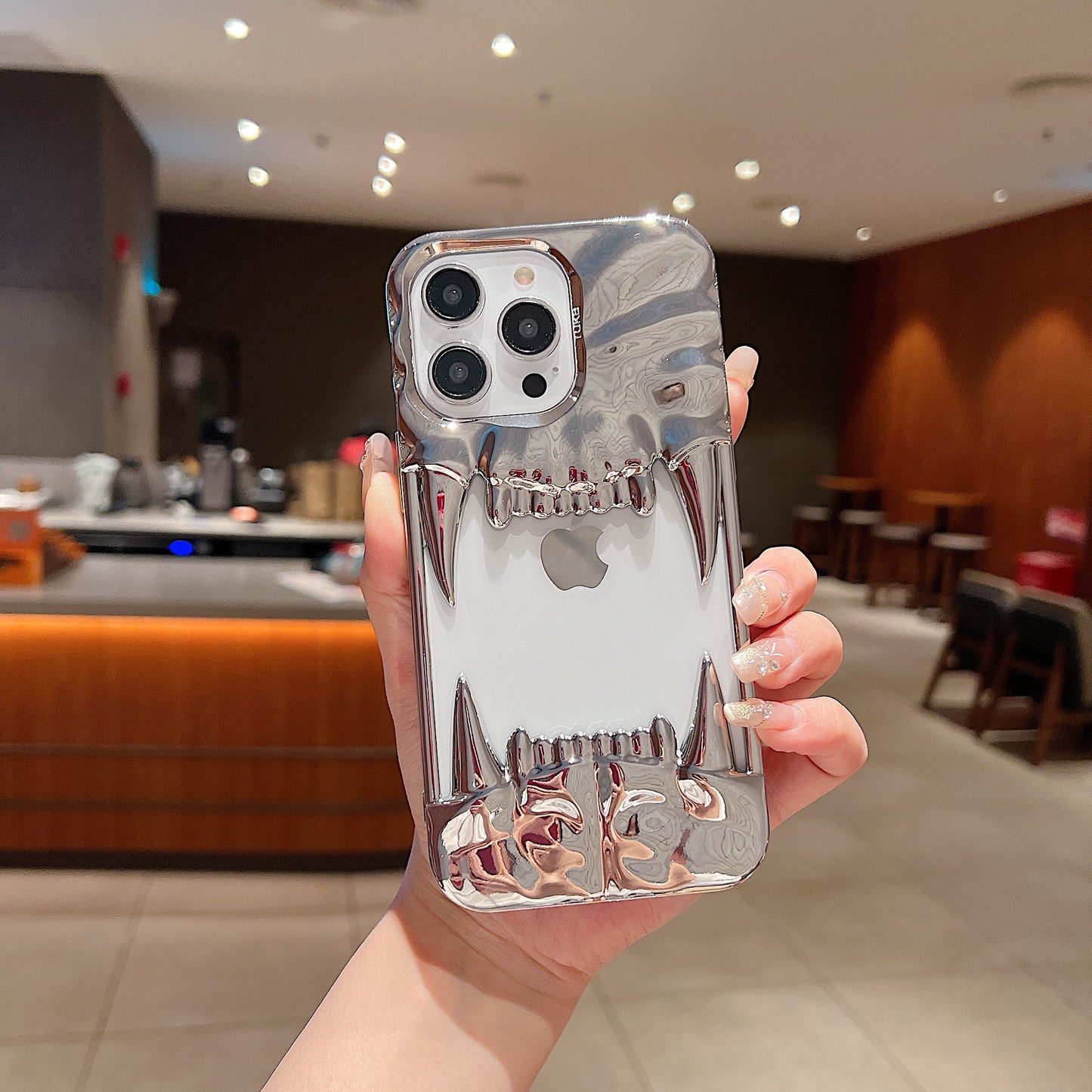 US LITE Shockproof Designer Metallic Chrome 3D Fangs Back Case | Anti-Scratch Grip | Full Camera Protection and Stylish Look For iPhone 14, 15 & 16 Series