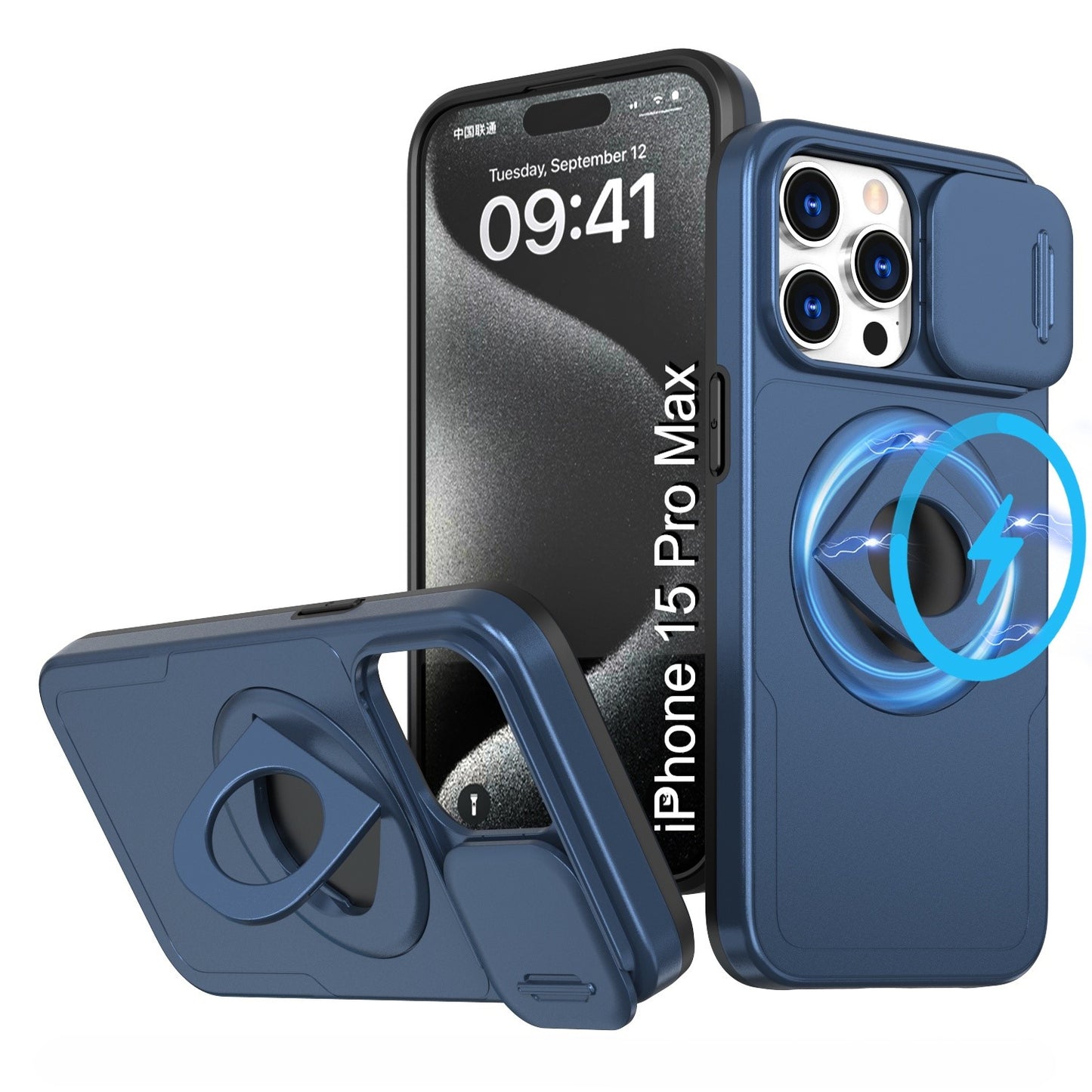 LuxuryKase Mag-Safe Shockproof Rugged Back Case with Finger Ring Kickstand & Sliding Camera Cover | Military Drop Protection | Wireless Charging Support For iPhone Series