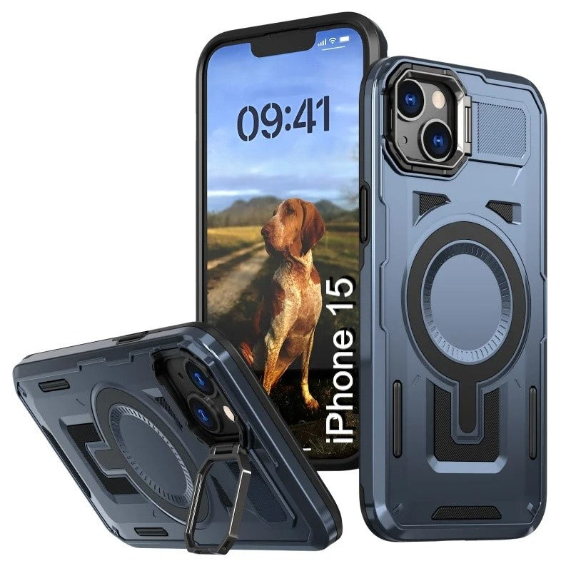 LuxuryKase Rugged Shockproof Magnetic Case with Kickstand | Dual Layer TPU+PC Protection | Mag-Safe Compatible | Camera Guard | Extreme Drop Resistance For iPhone Series