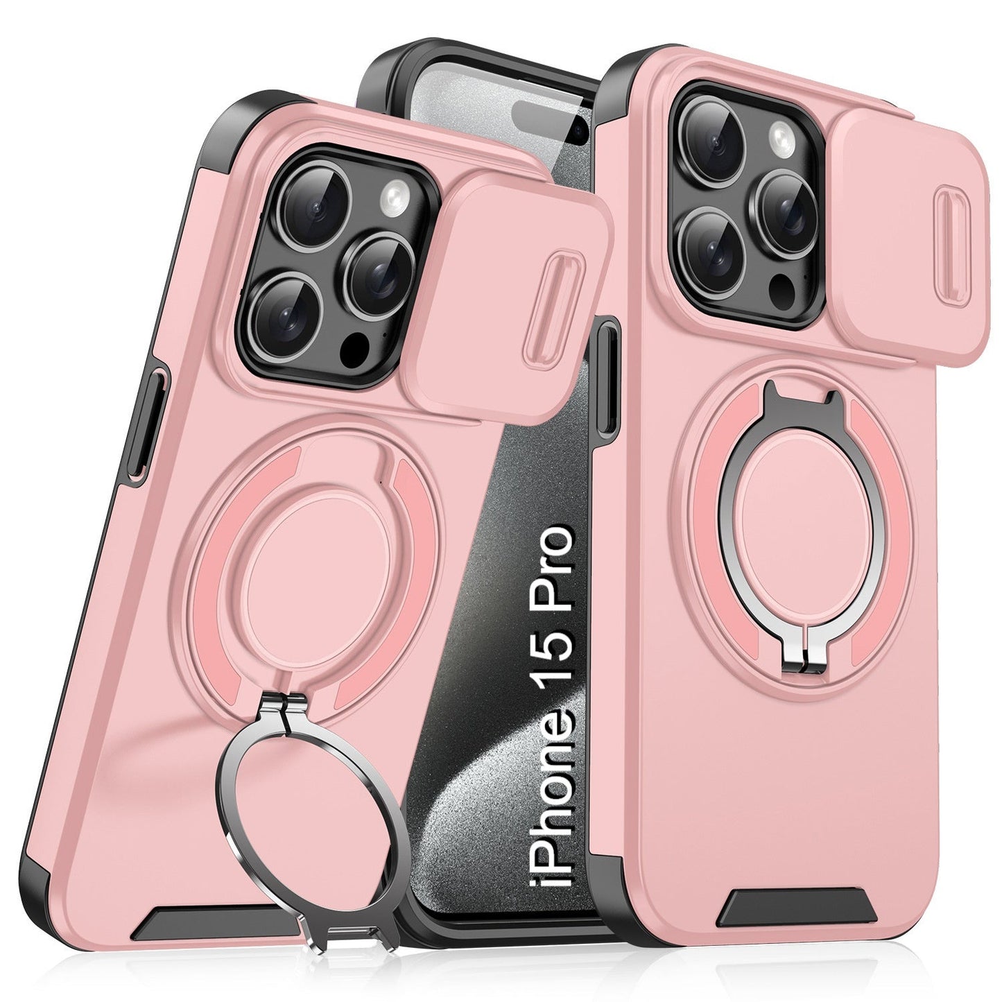 LuxuryKase Shockproof Magnetic Case with Slide Camera Cover | 360° Rotating Ring Kickstand | Mag-Safe Compatible | Rugged Armor Protection For iPhone Series