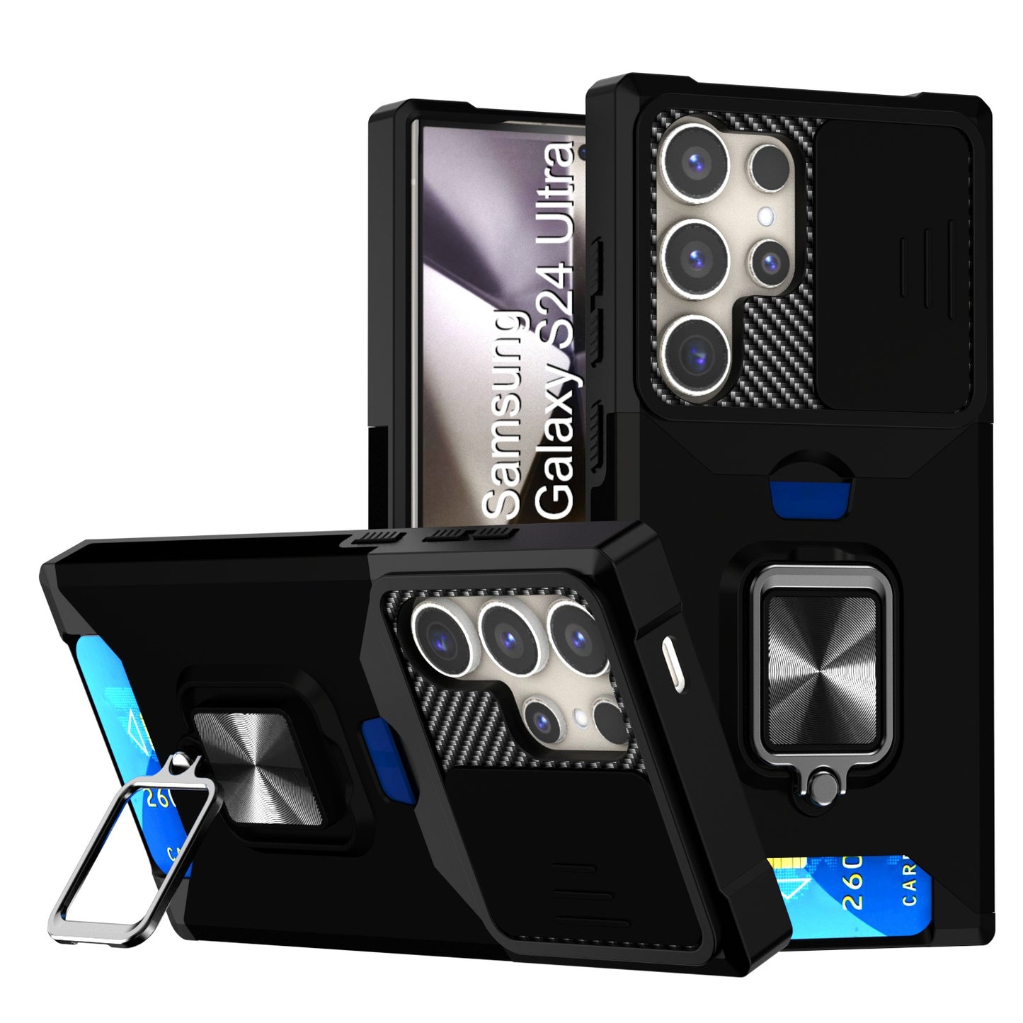 LuxuryKase Shockproof Armor Case | Slide Camera Cover | Hidden Card Slot | Rotating Ring Kickstand | Magnetic Car Mount Support | Military Grade Protection For iPhone & Samsung