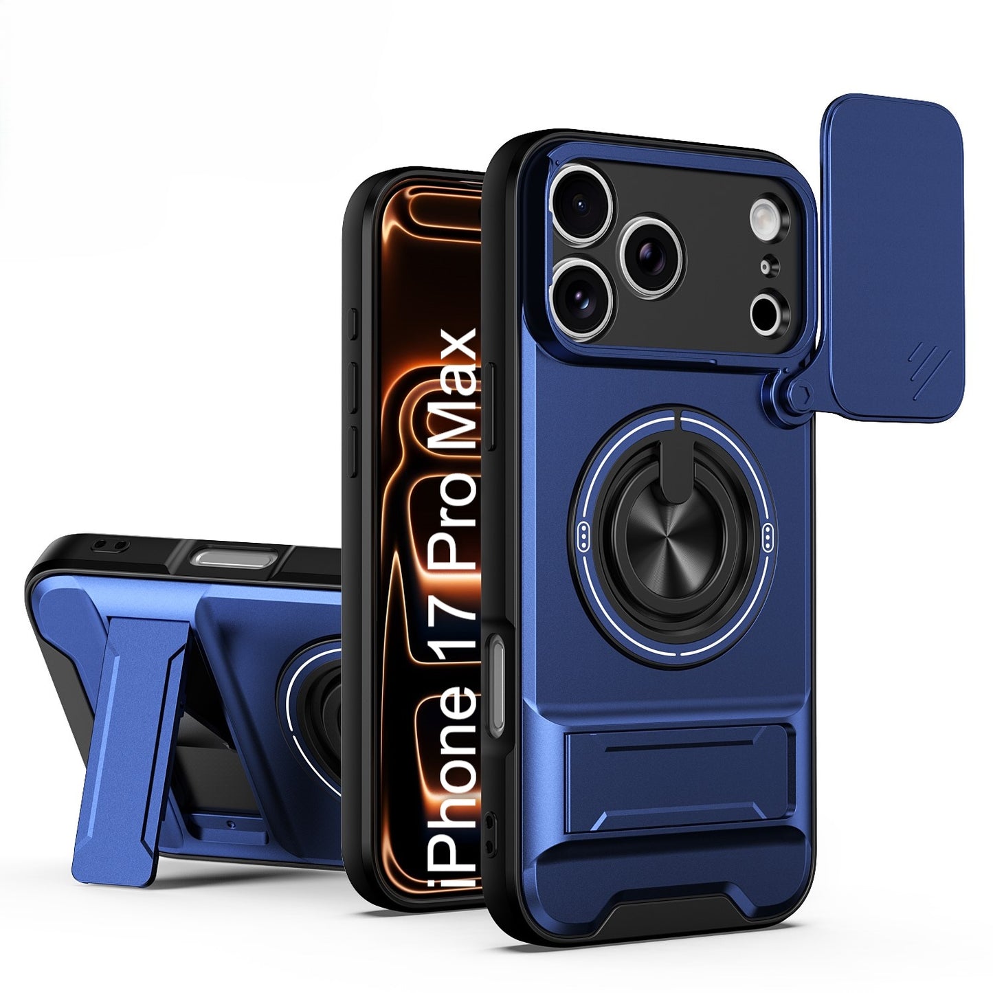 LuxuryKase Magnetic Armour Case | MagSafe Compatible | Sliding Camera Cover | 360° Finger Ring Holder | Built-In Bracket Stand | Hard PC Back & Soft TPU Bumper For iPhone & Samsung Series