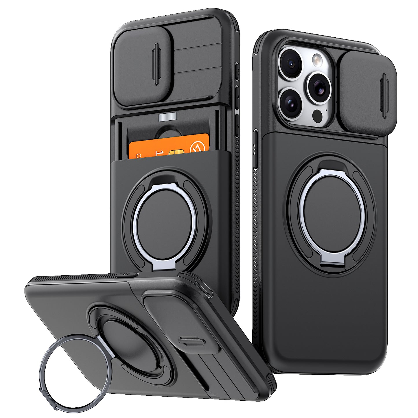LuxuryKase Magnetic Card Holder Back Cover | Slide Camera Cover Protection | 360° Rotating & 120° Adjustable Kickstand | Shockproof Hard PC Back + Soft TPU Bumper For iPhone & Samsung Series