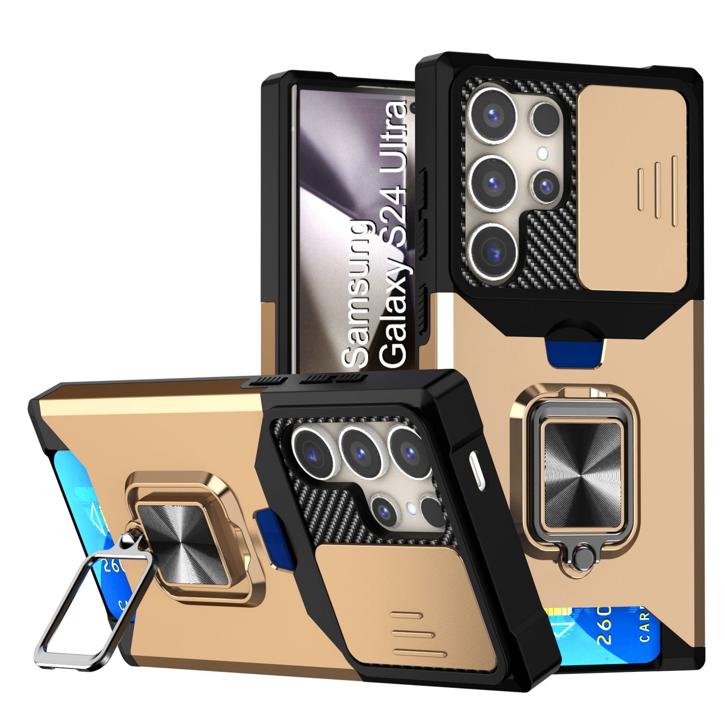 LuxuryKase Shockproof Armor Case | Slide Camera Cover | Hidden Card Slot | Rotating Ring Kickstand | Magnetic Car Mount Support | Military Grade Protection For iPhone & Samsung