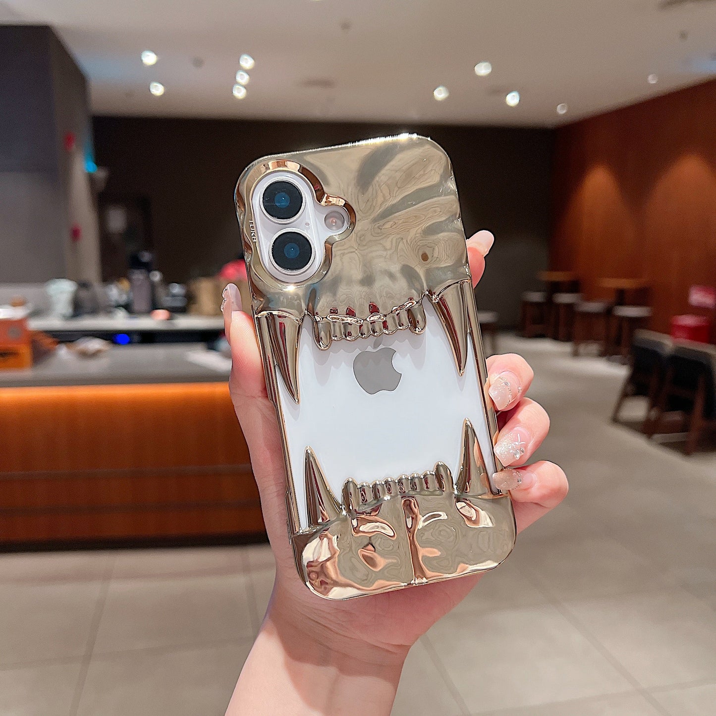 US LITE Shockproof Designer Metallic Chrome 3D Fangs Back Case | Anti-Scratch Grip | Full Camera Protection and Stylish Look For iPhone 14, 15 & 16 Series
