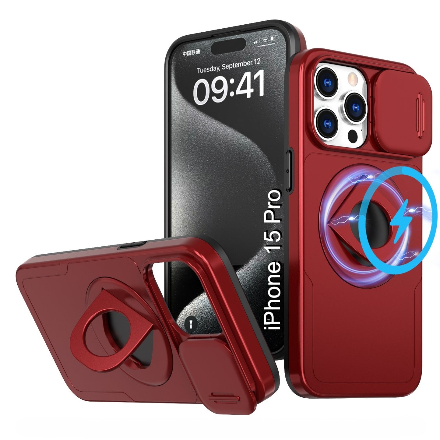 LuxuryKase Mag-Safe Shockproof Rugged Back Case with Finger Ring Kickstand & Sliding Camera Cover | Military Drop Protection | Wireless Charging Support For iPhone Series