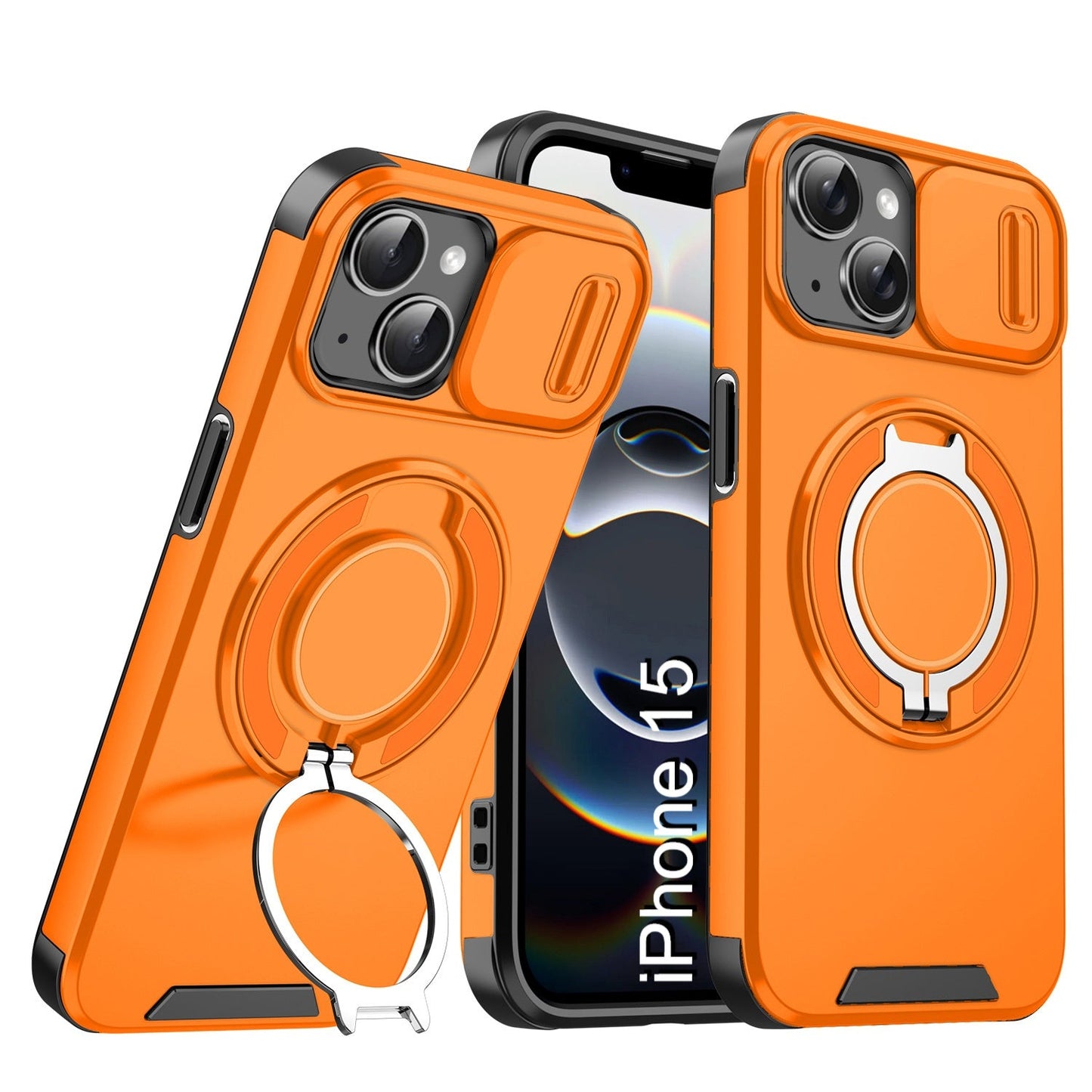 LuxuryKase Shockproof Magnetic Case with Slide Camera Cover | 360° Rotating Ring Kickstand | Mag-Safe Compatible | Rugged Armor Protection For iPhone Series