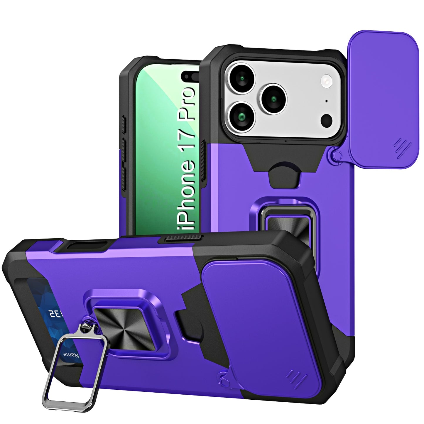 LuxuryKase Shockproof Armor Case | Slide Camera Cover | Hidden Card Slot | Rotating Ring Kickstand | Magnetic Car Mount Support | Military Grade Protection For iPhone & Samsung