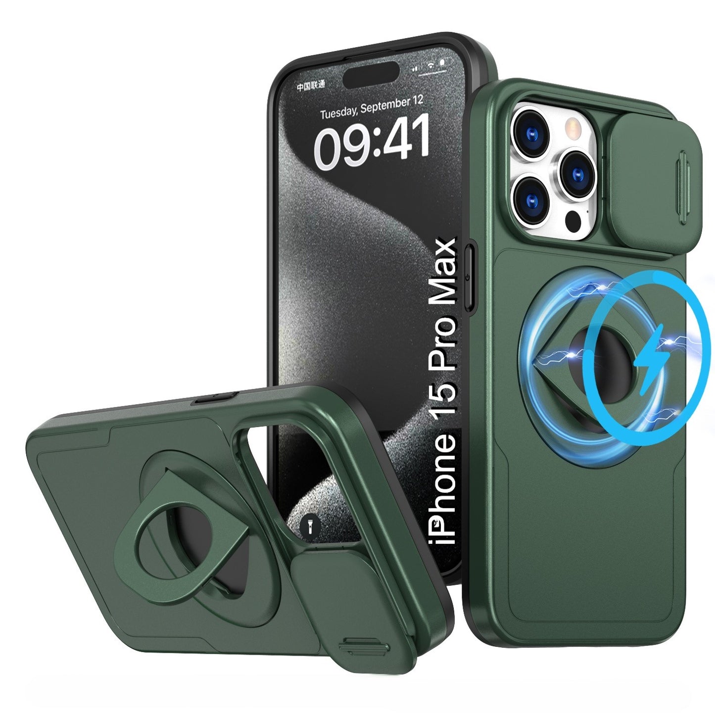 LuxuryKase Mag-Safe Shockproof Rugged Back Case with Finger Ring Kickstand & Sliding Camera Cover | Military Drop Protection | Wireless Charging Support For iPhone Series