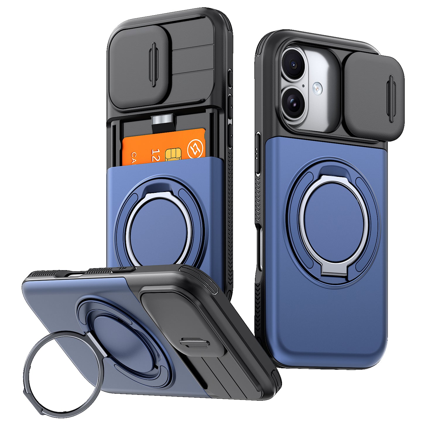 LuxuryKase Magnetic Card Holder Back Cover | Slide Camera Cover Protection | 360° Rotating & 120° Adjustable Kickstand | Shockproof Hard PC Back + Soft TPU Bumper For iPhone & Samsung Series