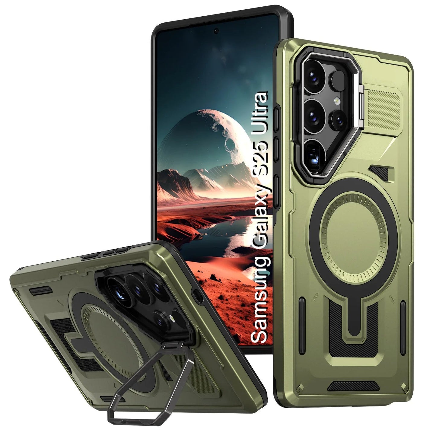 LuxuryKase Rugged Shockproof Magnetic Case with Kickstand | Dual Layer TPU+PC Protection | Mag-Safe Compatible | Camera Guard | Extreme Drop Resistance For Samsung Series