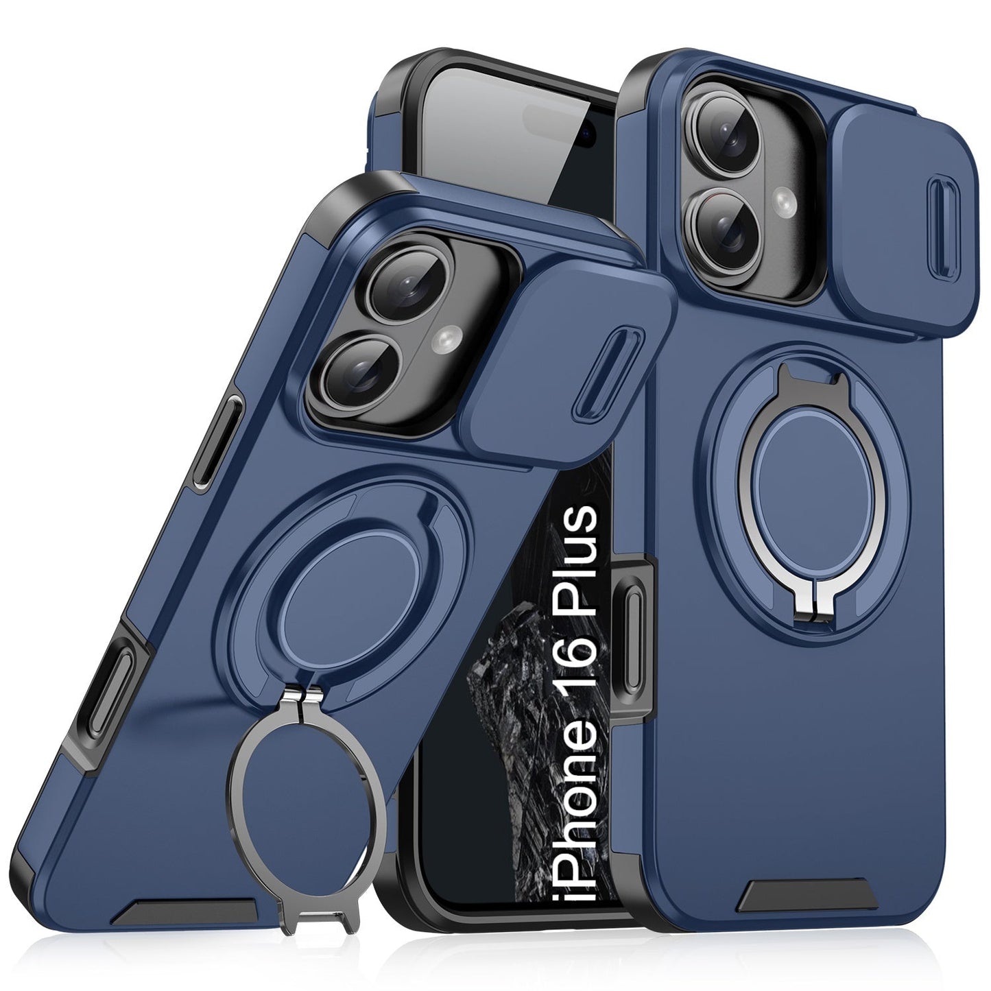 LuxuryKase Shockproof Magnetic Case with Slide Camera Cover | 360° Rotating Ring Kickstand | Mag-Safe Compatible | Rugged Armor Protection For iPhone Series
