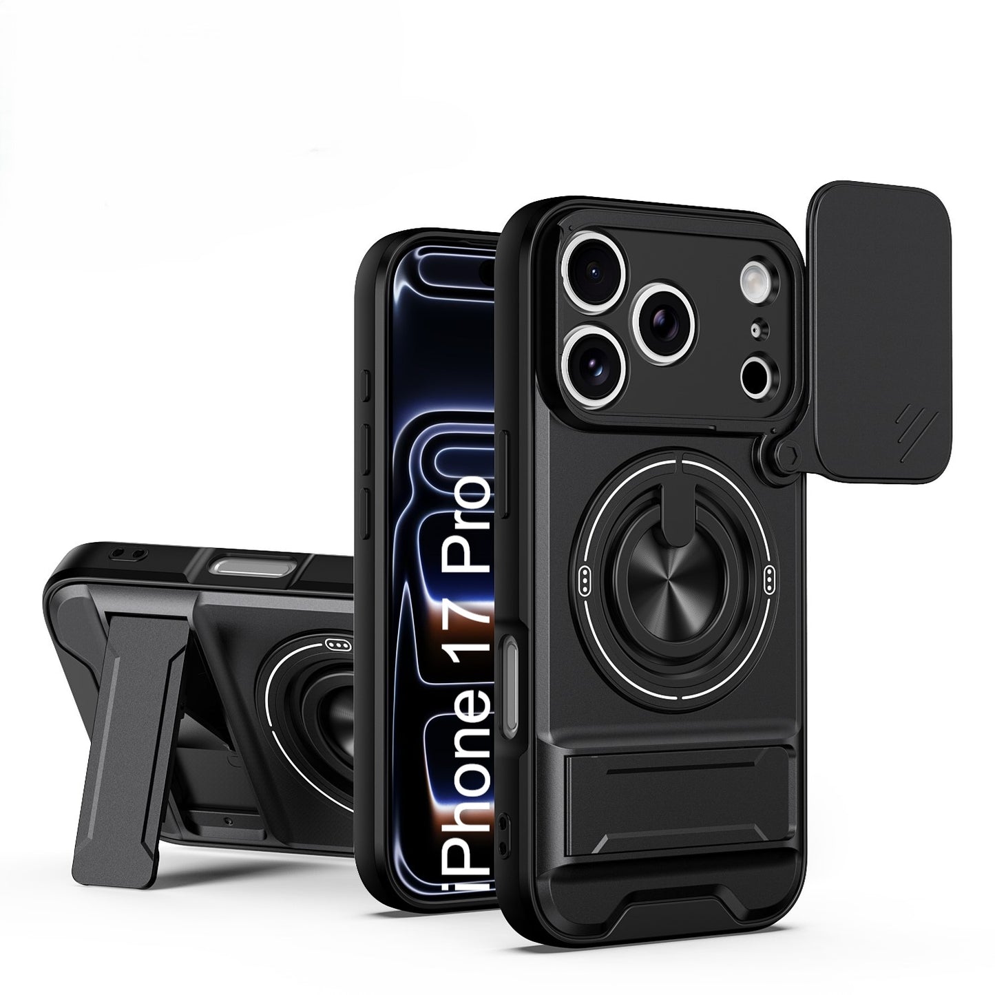 LuxuryKase Magnetic Armour Case | MagSafe Compatible | Sliding Camera Cover | 360° Finger Ring Holder | Built-In Bracket Stand | Hard PC Back & Soft TPU Bumper For iPhone & Samsung Series