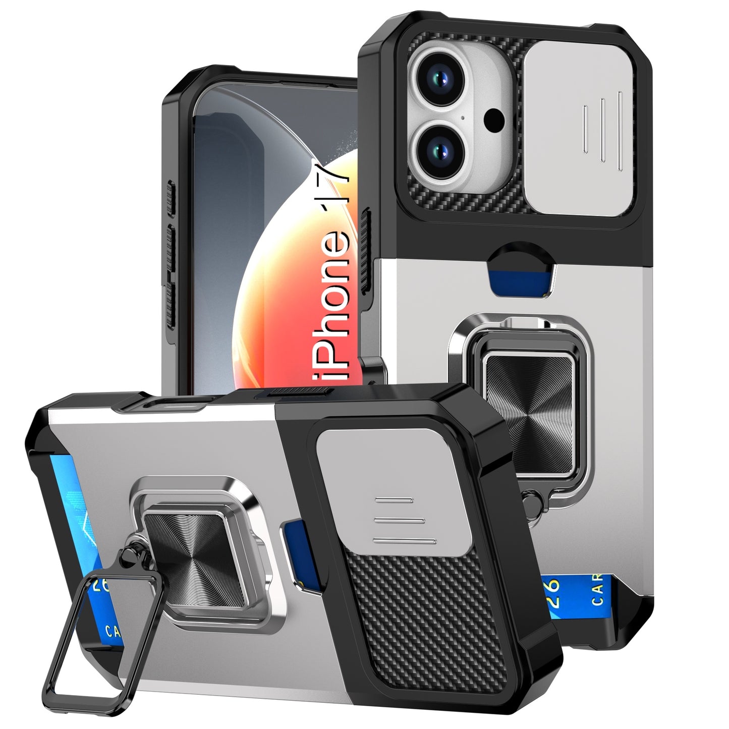 LuxuryKase Shockproof Armor Case | Slide Camera Cover | Hidden Card Slot | Rotating Ring Kickstand | Magnetic Car Mount Support | Military Grade Protection For iPhone & Samsung