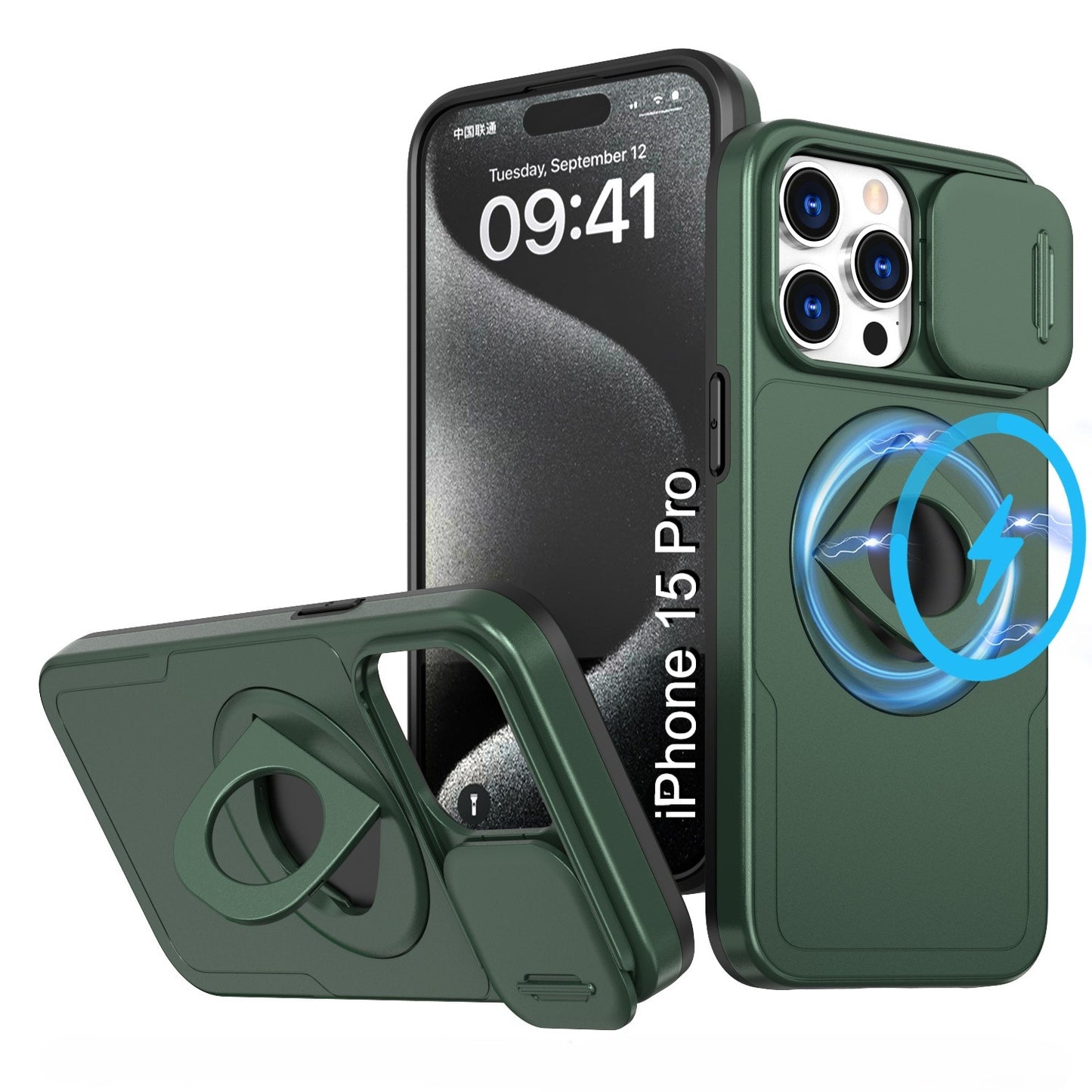 LuxuryKase Mag-Safe Shockproof Rugged Back Case with Finger Ring Kickstand & Sliding Camera Cover | Military Drop Protection | Wireless Charging Support For iPhone Series
