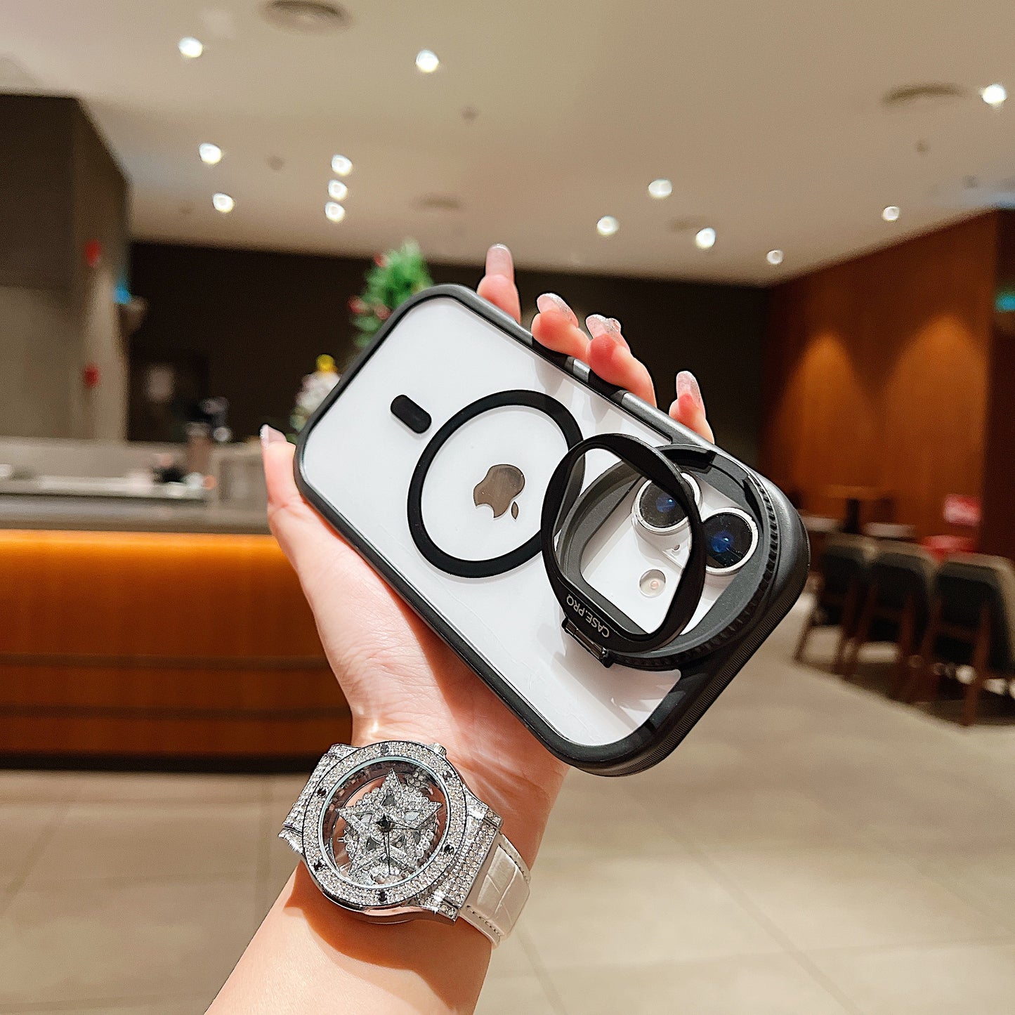 LuxuryKase Magnetic Transparent Back Case | Shockproof Hard PC Bumper Cover with Camera Lens Guard Kickstand | Mag-Safe Support For iPhone