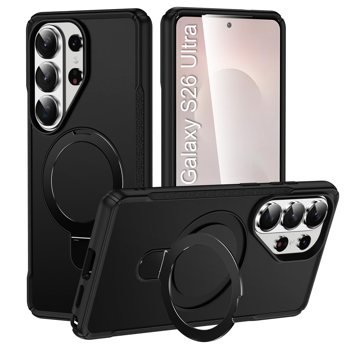 LuxuryKase Shockproof Back Cover with 90° Rotating Ring Kickstand | Mag-Safe Compatible | Rugged Armor Protection Case For iPhone & Samsung Series