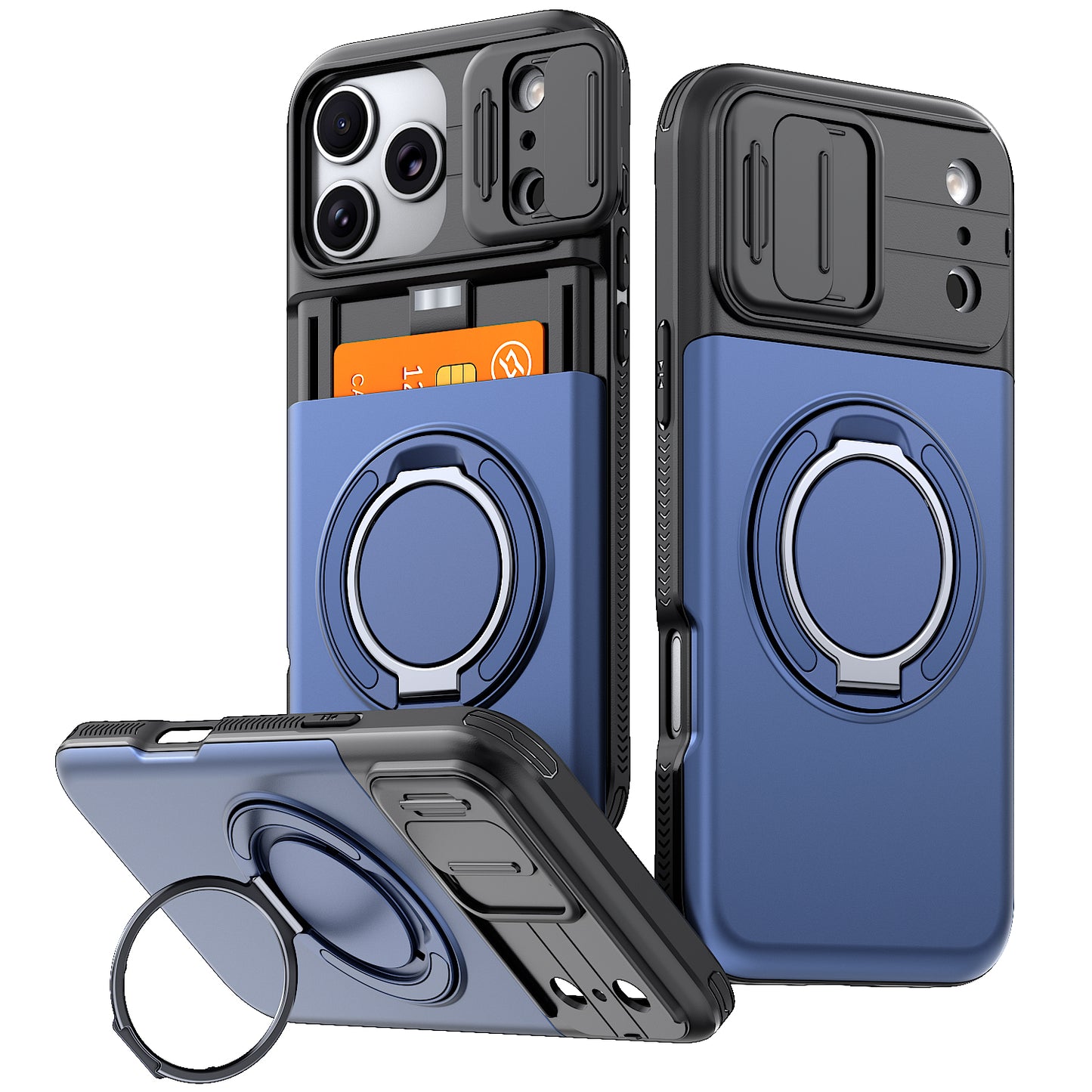 LuxuryKase Magnetic Card Holder Back Cover | Slide Camera Cover Protection | 360° Rotating & 120° Adjustable Kickstand | Shockproof Hard PC Back + Soft TPU Bumper For iPhone & Samsung Series