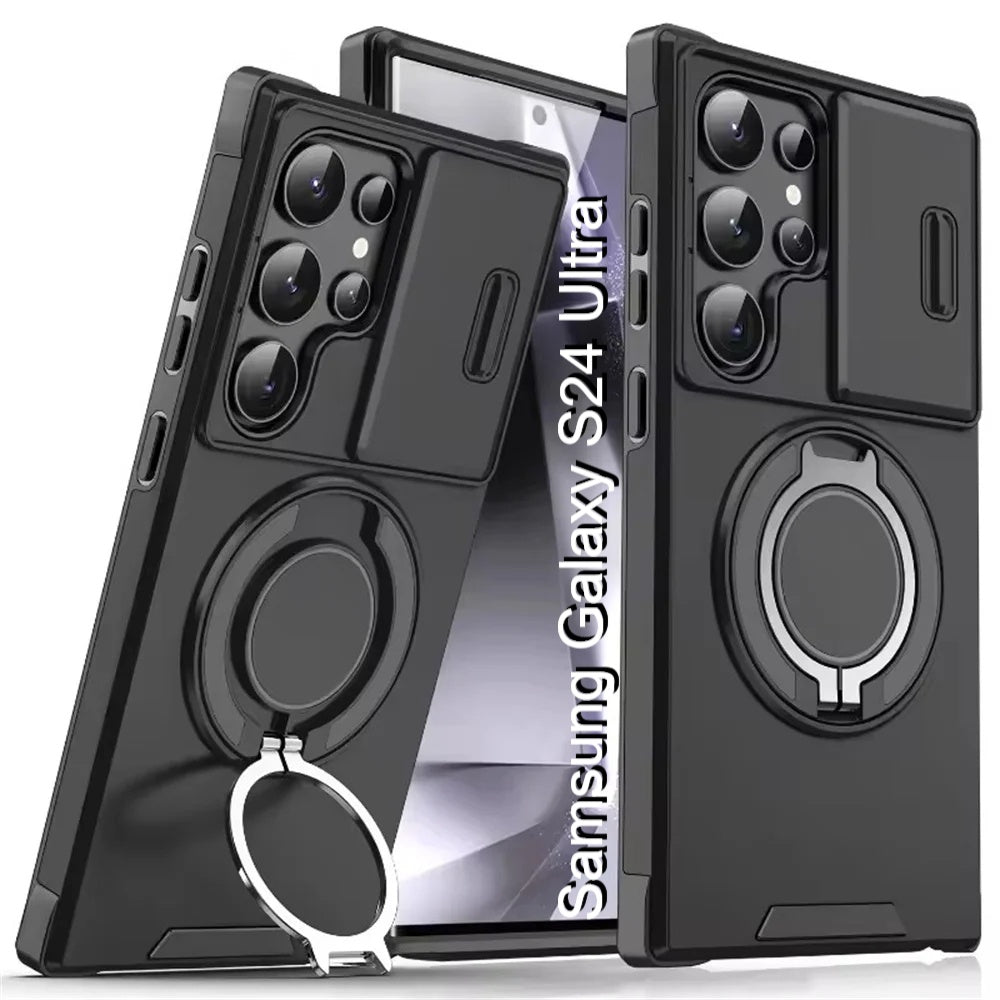 LuxuryKase Shockproof Magnetic Case with Slide Camera Cover | 360° Rotating Ring Kickstand | Mag-Safe Compatible | Rugged Armor Protection For Samsung Series