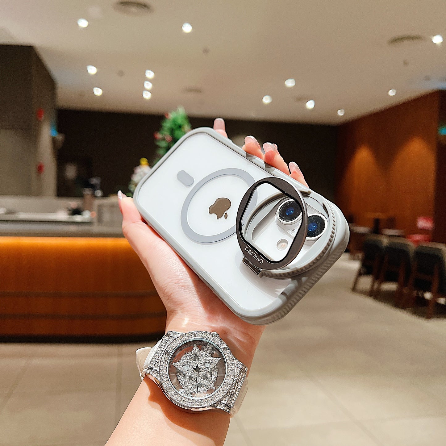 LuxuryKase Magnetic Transparent Back Case | Shockproof Hard PC Bumper Cover with Camera Lens Guard Kickstand | Mag-Safe Support For iPhone