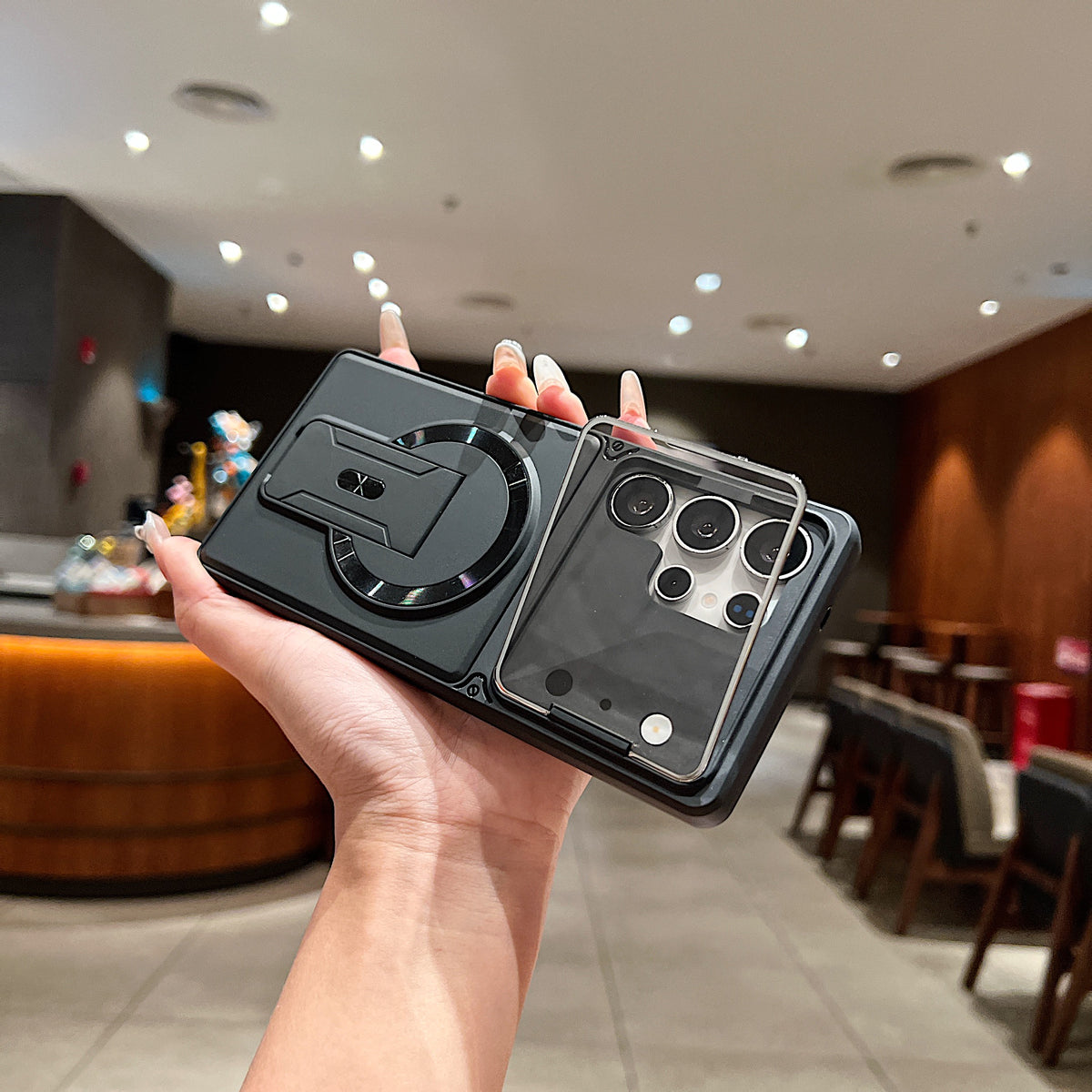 LuxuryKase Hybrid Armour Case | Built-In Foldable Kickstand | Flip Camera Lens Protection Frame Design | MagSafe Compatible | Rugged PC & TPU Cover For iPhone & Samsung Series