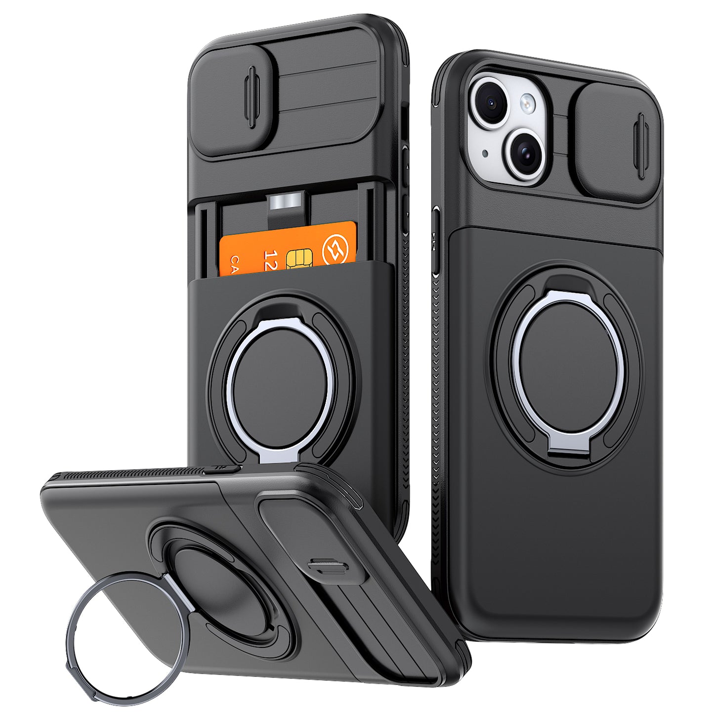 LuxuryKase Magnetic Card Holder Back Cover | Slide Camera Cover Protection | 360° Rotating & 120° Adjustable Kickstand | Shockproof Hard PC Back + Soft TPU Bumper For iPhone & Samsung Series