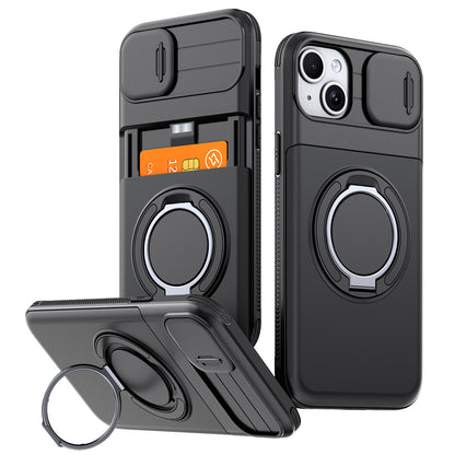 LuxuryKase Magnetic Card Holder Back Cover | Slide Camera Cover Protection | 360° Rotating & 120° Adjustable Kickstand | Shockproof Hard PC Back + Soft TPU Bumper For iPhone & Samsung Series
