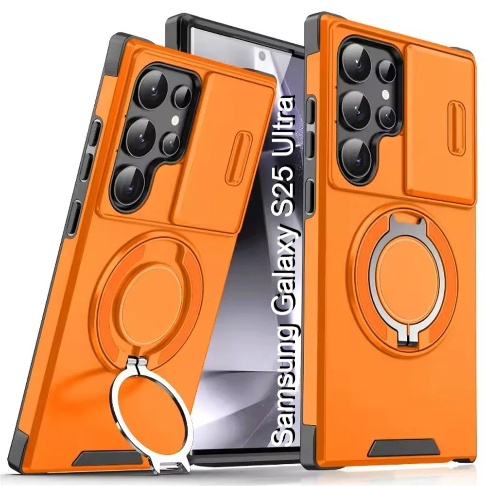 LuxuryKase Shockproof Magnetic Case with Slide Camera Cover | 360° Rotating Ring Kickstand | Mag-Safe Compatible | Rugged Armor Protection For Samsung Series
