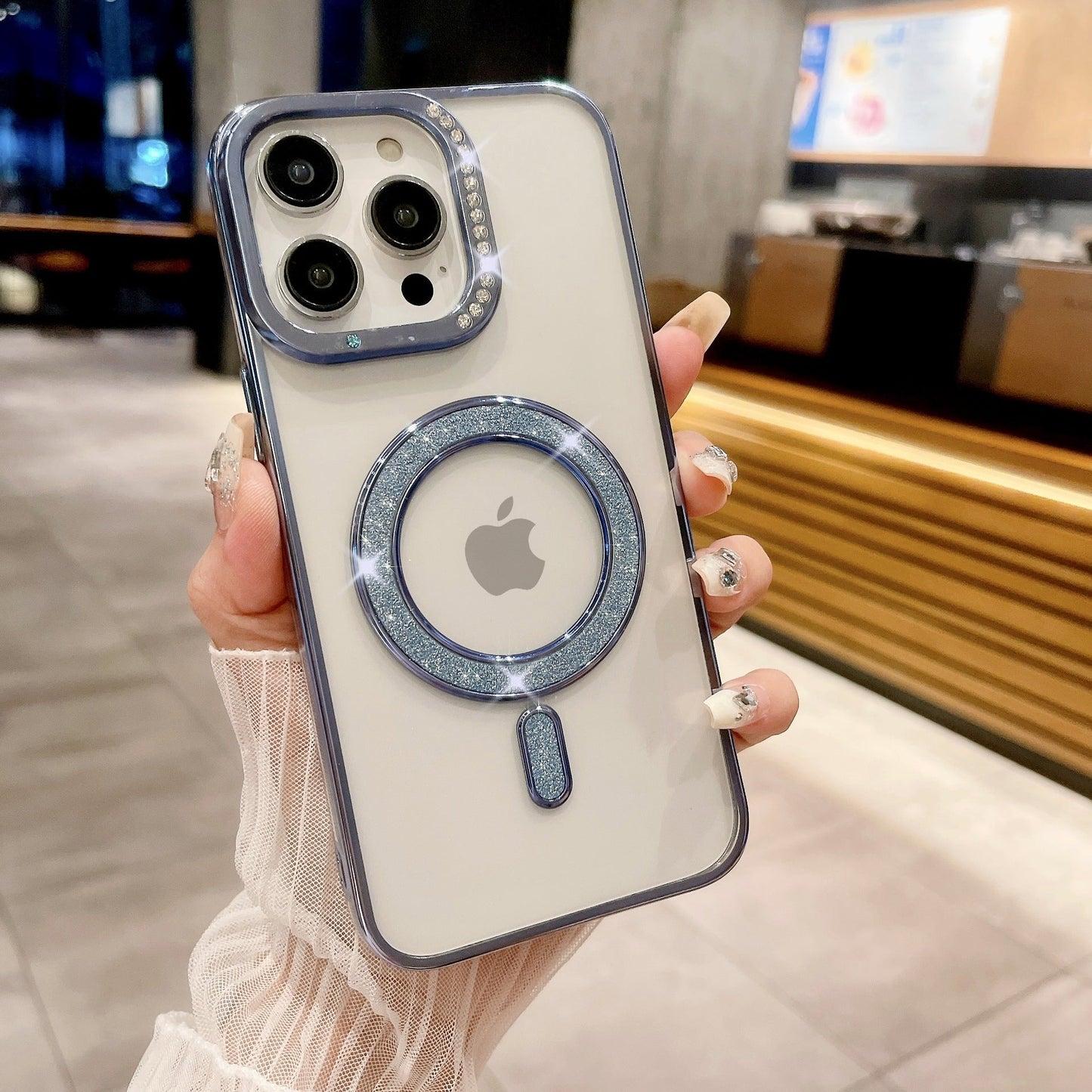 LuxuryKase Transparent Back Cover with Shimmer MagSafe Ring | Soft TPU Case | Stylish Shockproof Protective Mobile Case with Premium Finish For iPhone 15 & 16 Series