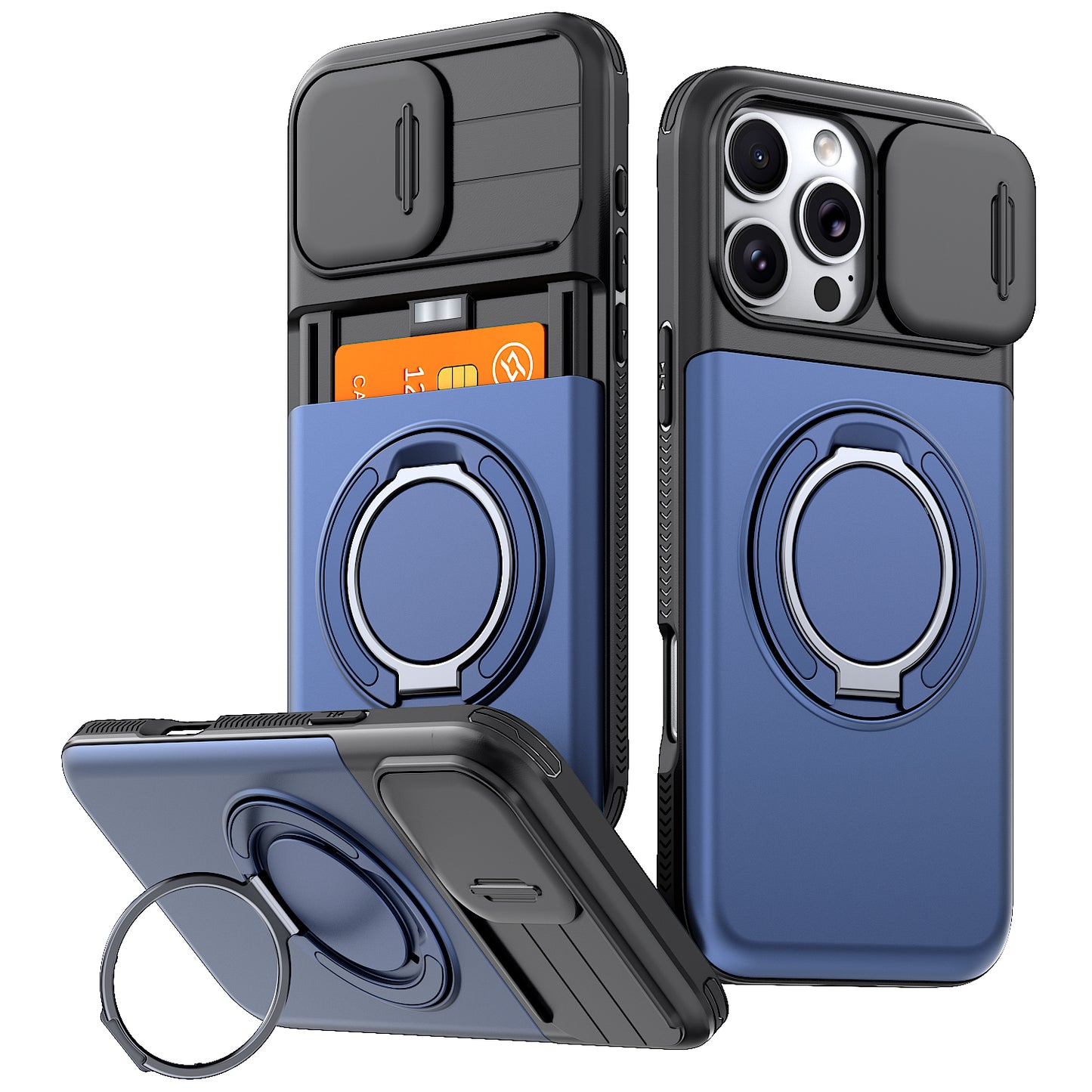 LuxuryKase Magnetic Card Holder Back Cover | Slide Camera Cover Protection | 360° Rotating & 120° Adjustable Kickstand | Shockproof Hard PC Back + Soft TPU Bumper For iPhone & Samsung Series