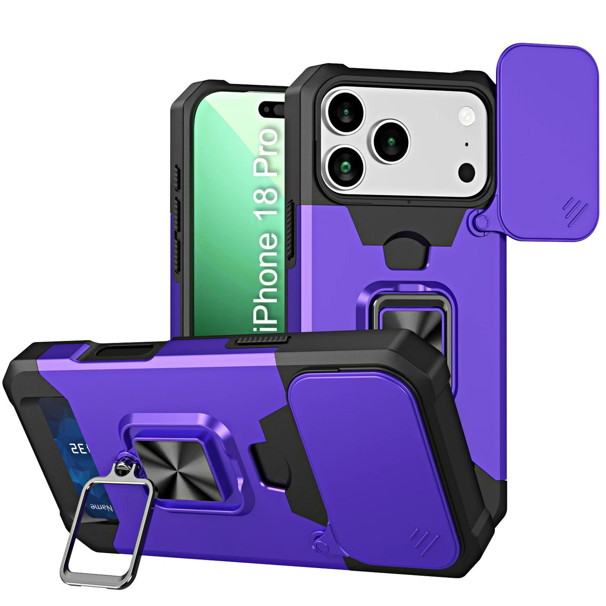 LuxuryKase Shockproof Armor Case | Slide Camera Cover | Hidden Card Slot | Rotating Ring Kickstand | Magnetic Car Mount Support | Military Grade Protection For iPhone & Samsung