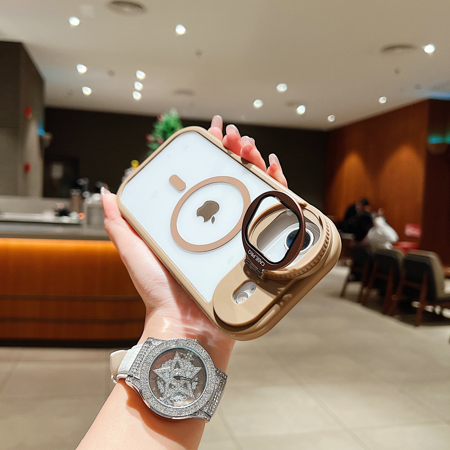 LuxuryKase Magnetic Transparent Back Case | Shockproof Hard PC Bumper Cover with Camera Lens Guard Kickstand | Mag-Safe Support For iPhone