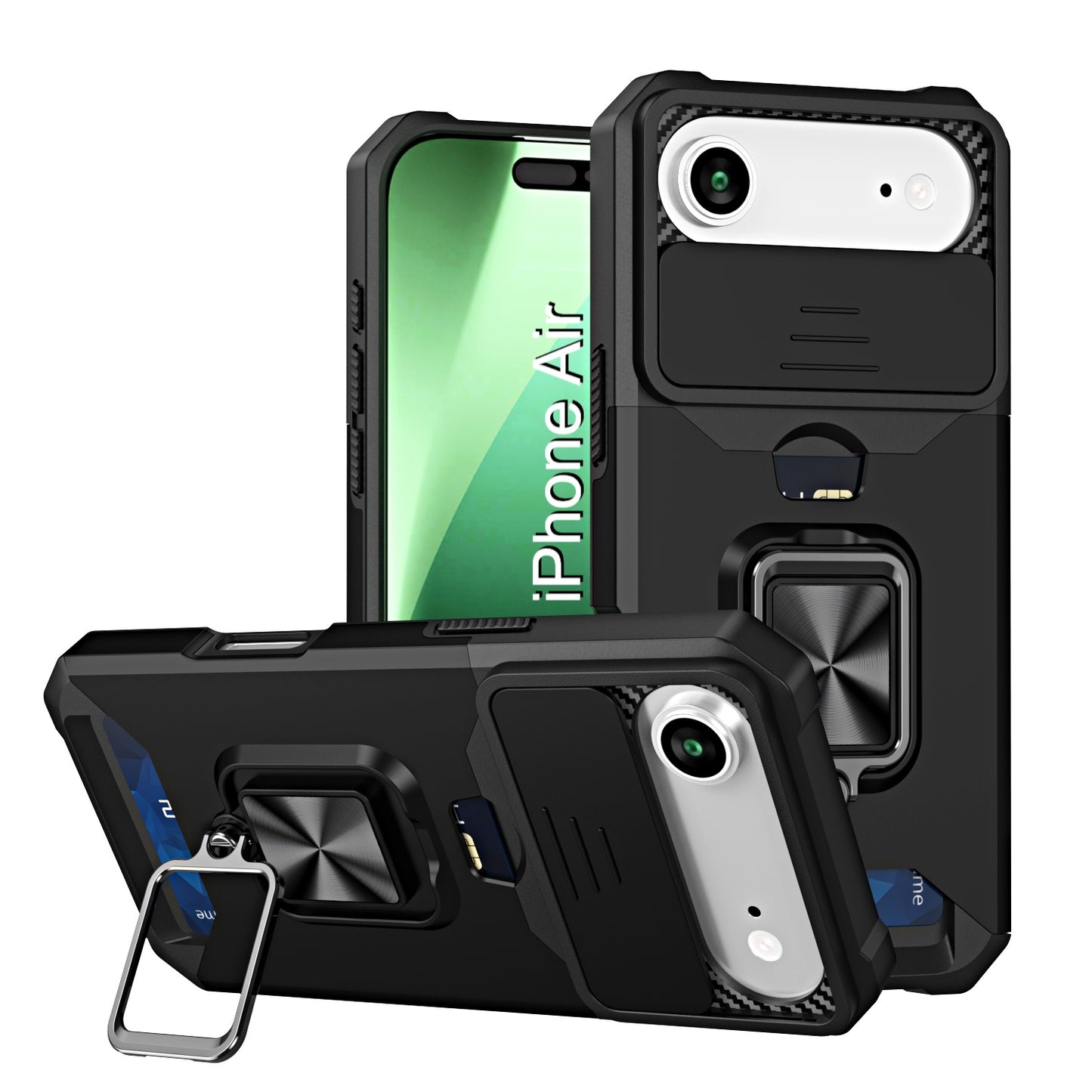 LuxuryKase Shockproof Armor Case | Slide Camera Cover | Hidden Card Slot | Rotating Ring Kickstand | Magnetic Car Mount Support | Military Grade Protection For iPhone & Samsung
