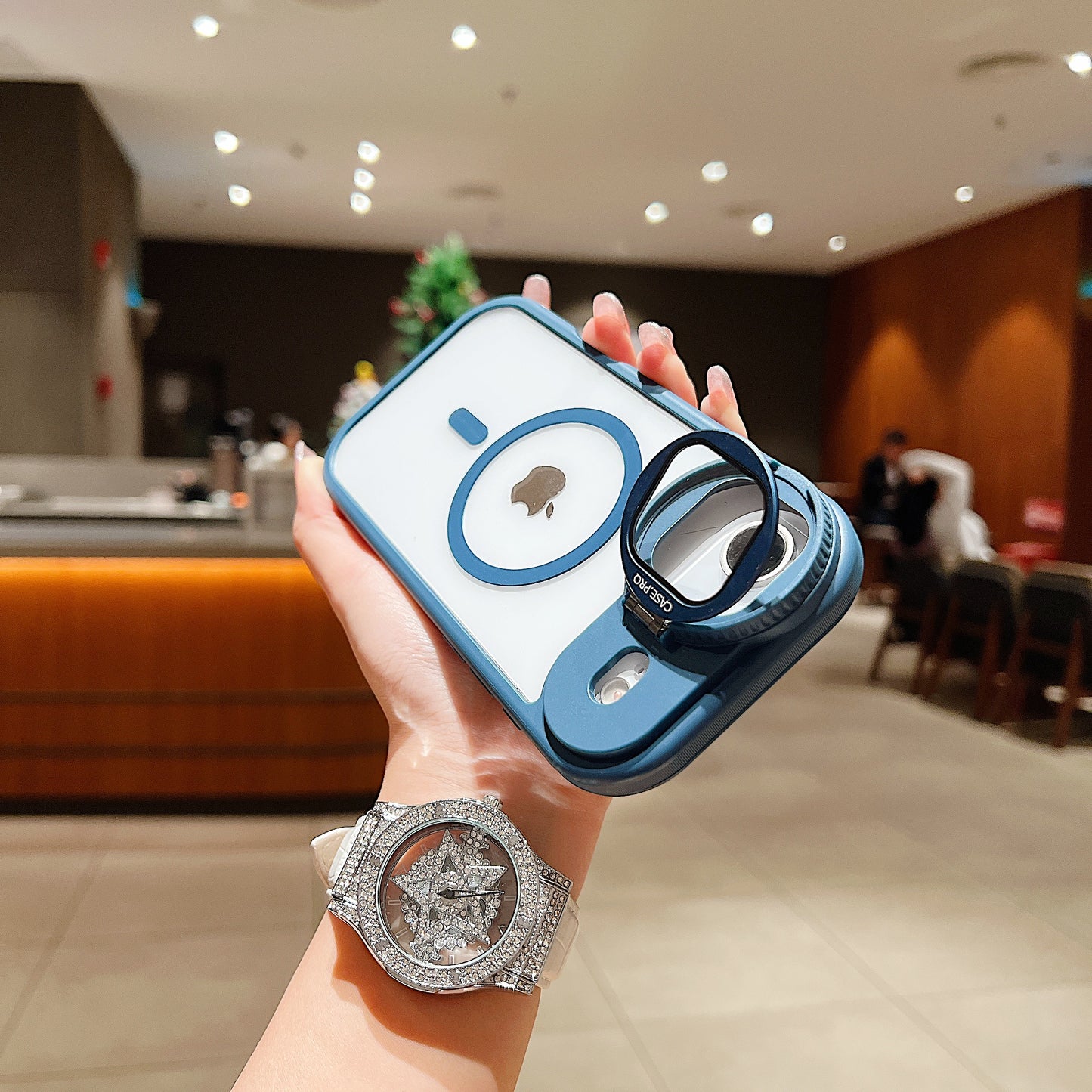 LuxuryKase Magnetic Transparent Back Case | Shockproof Hard PC Bumper Cover with Camera Lens Guard Kickstand | Mag-Safe Support For iPhone