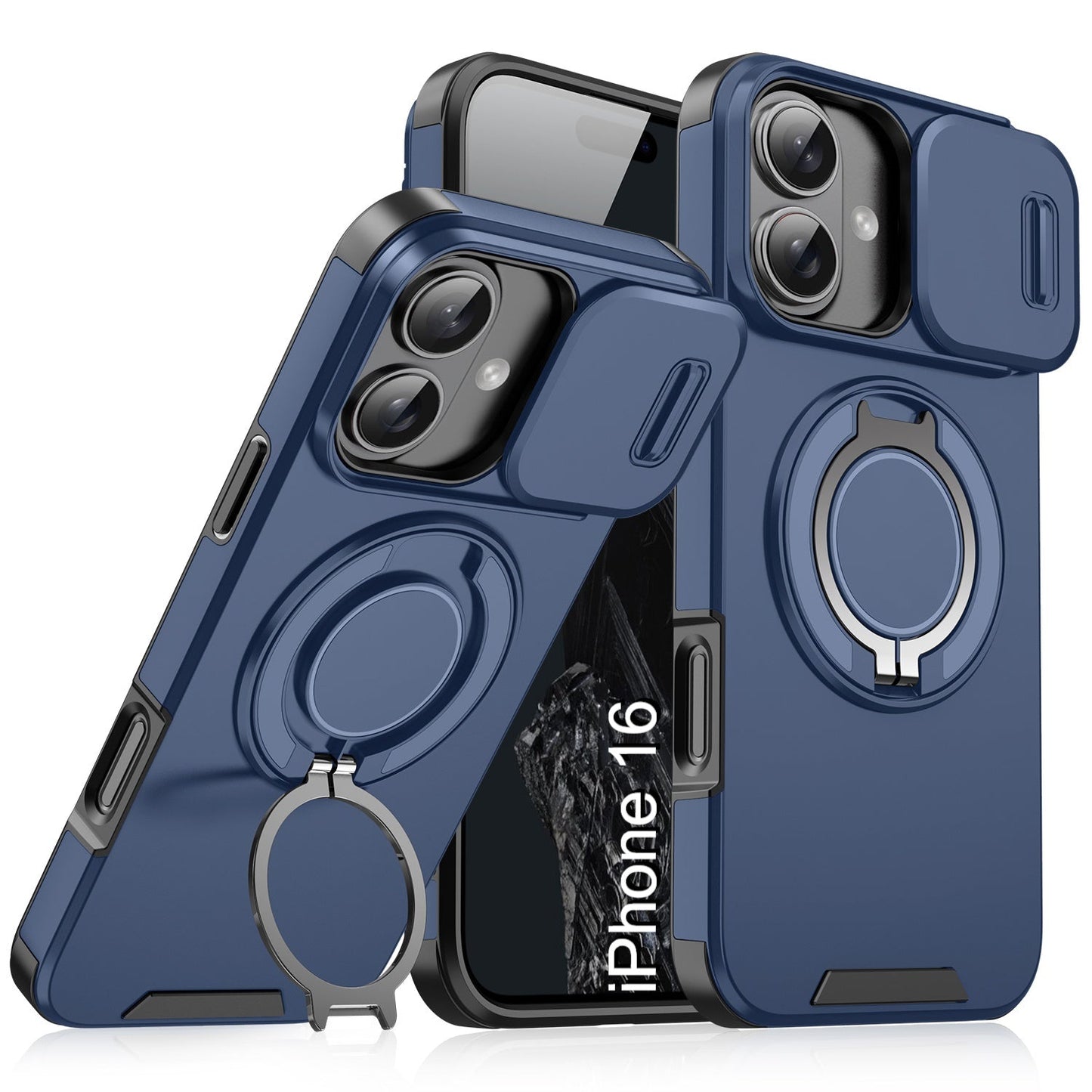 LuxuryKase Shockproof Magnetic Case with Slide Camera Cover | 360° Rotating Ring Kickstand | Mag-Safe Compatible | Rugged Armor Protection For iPhone Series
