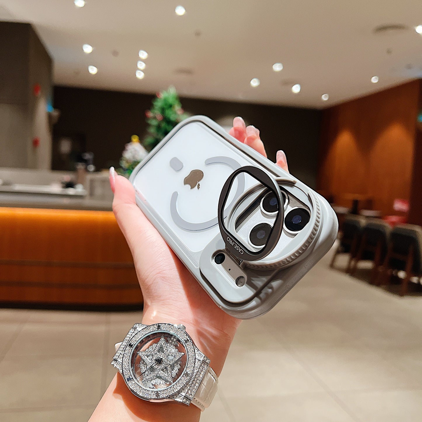 LuxuryKase Magnetic Transparent Back Case | Shockproof Hard PC Bumper Cover with Camera Lens Guard Kickstand | Mag-Safe Support For iPhone