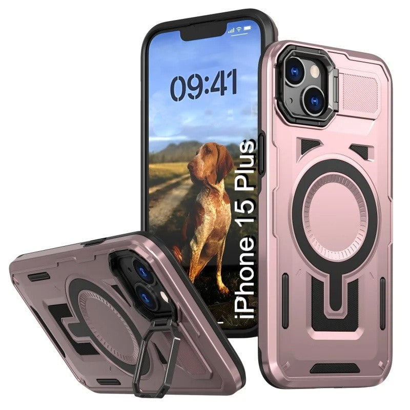 LuxuryKase Rugged Shockproof Magnetic Case with Kickstand | Dual Layer TPU+PC Protection | Mag-Safe Compatible | Camera Guard | Extreme Drop Resistance For iPhone Series