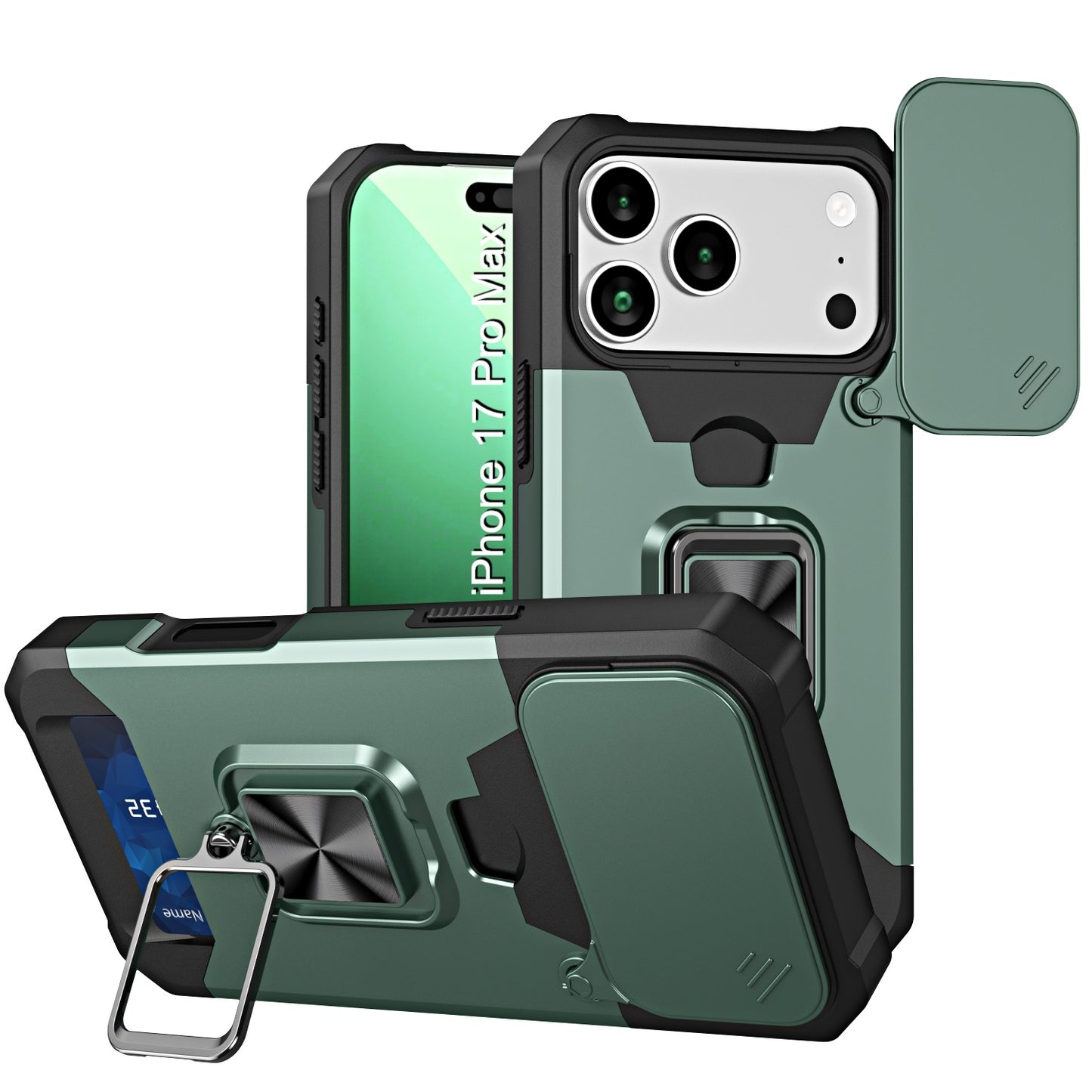LuxuryKase Shockproof Armor Case | Slide Camera Cover | Hidden Card Slot | Rotating Ring Kickstand | Magnetic Car Mount Support | Military Grade Protection For iPhone & Samsung