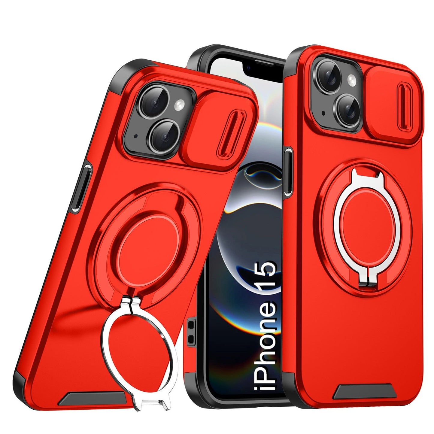 LuxuryKase Shockproof Magnetic Case with Slide Camera Cover | 360° Rotating Ring Kickstand | Mag-Safe Compatible | Rugged Armor Protection For iPhone Series