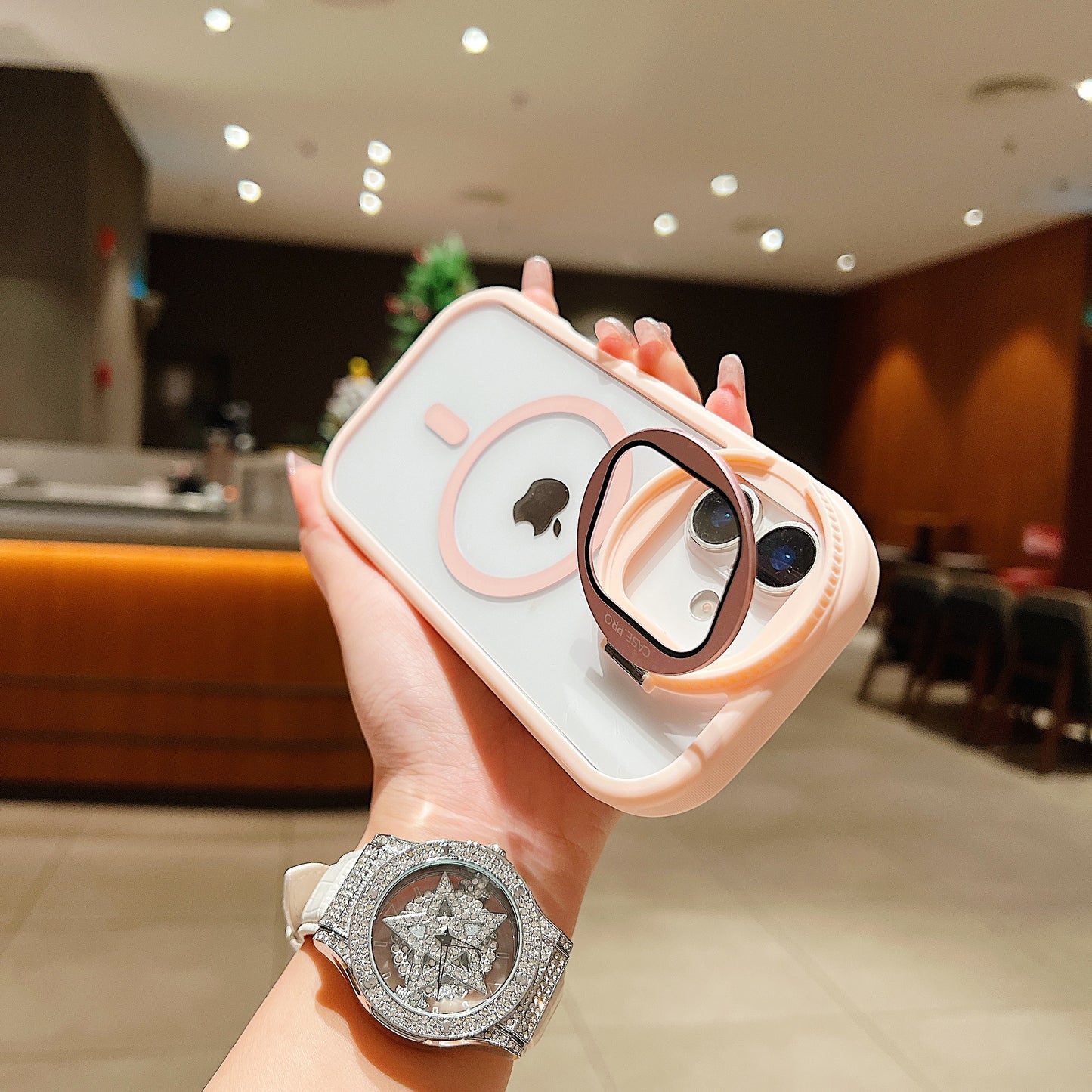 LuxuryKase Magnetic Transparent Back Case | Shockproof Hard PC Bumper Cover with Camera Lens Guard Kickstand | Mag-Safe Support For iPhone