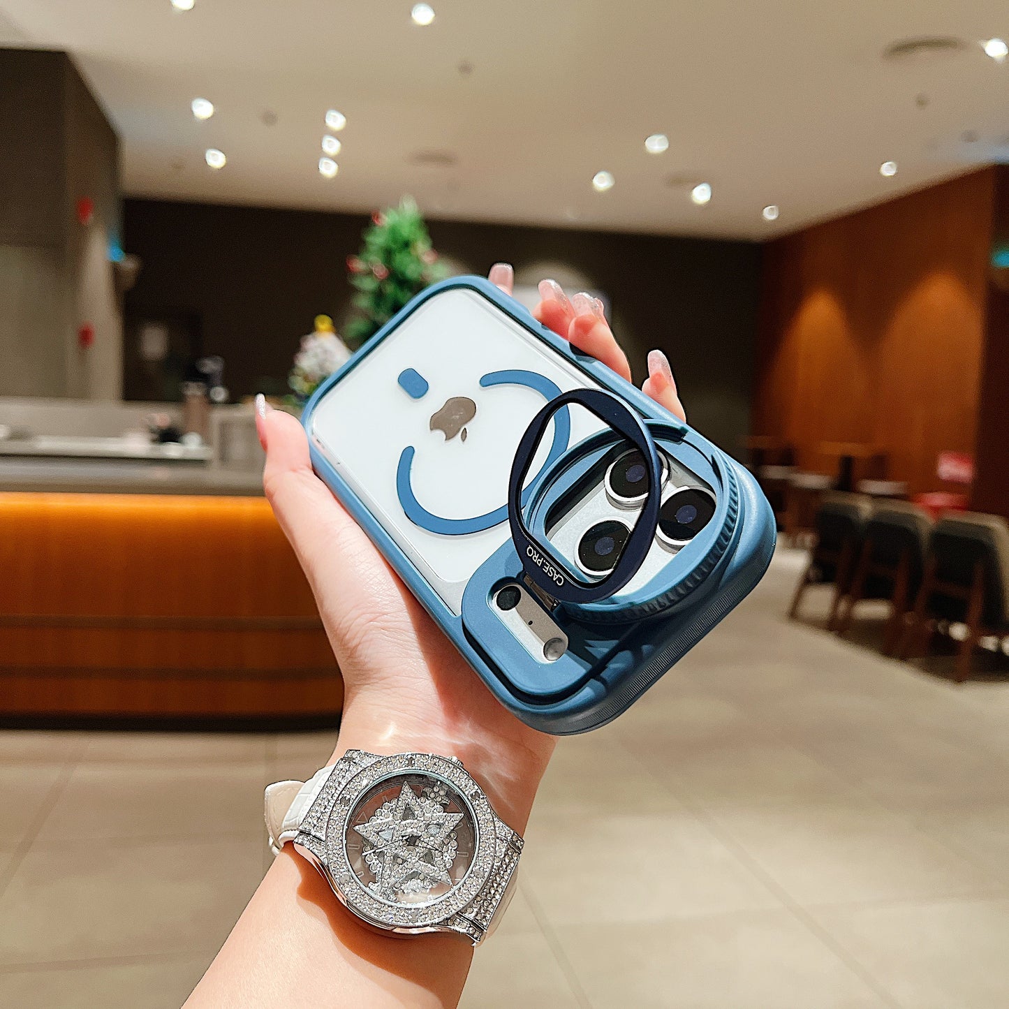 LuxuryKase Magnetic Transparent Back Case | Shockproof Hard PC Bumper Cover with Camera Lens Guard Kickstand | Mag-Safe Support For iPhone