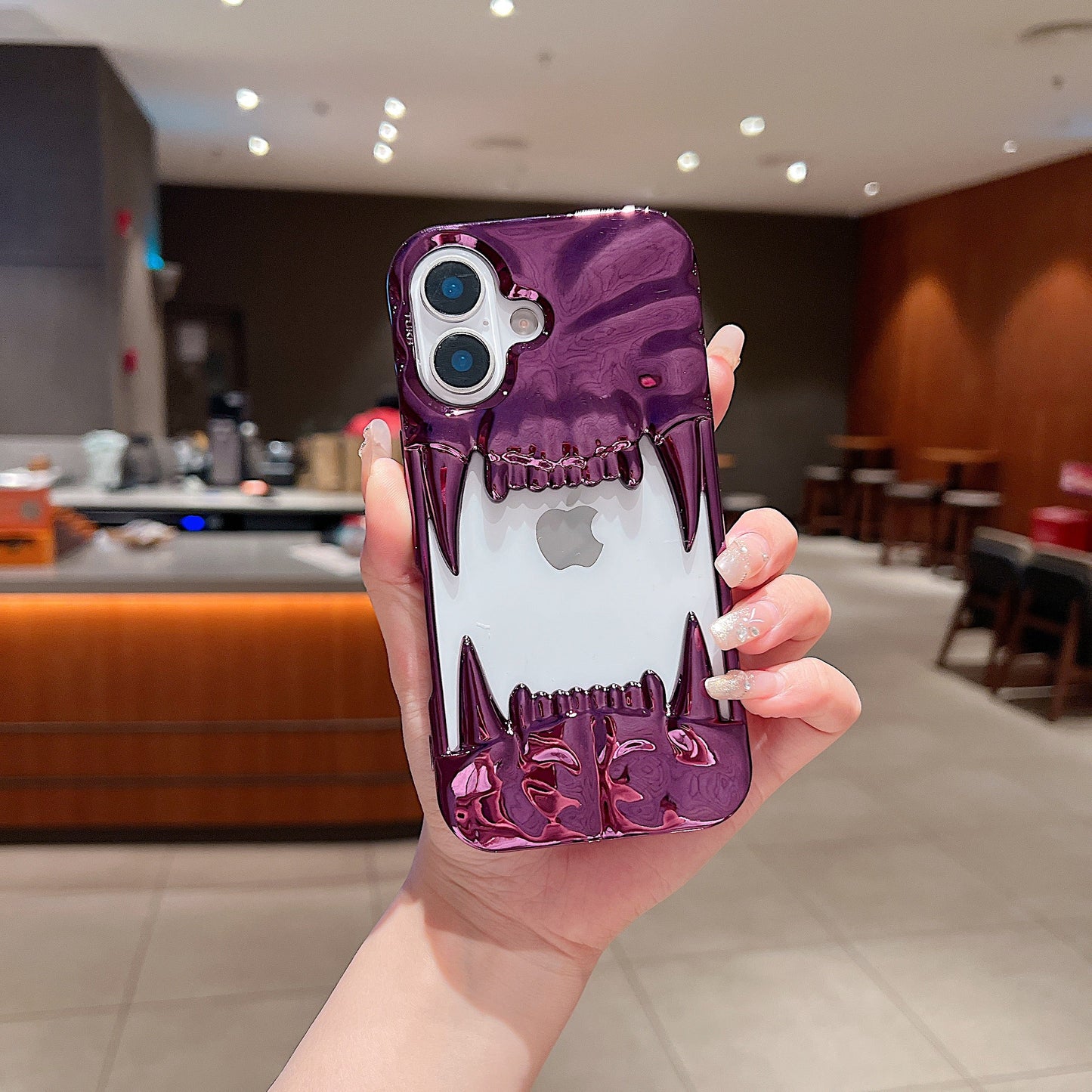 US LITE Shockproof Designer Metallic Chrome 3D Fangs Back Case | Anti-Scratch Grip | Full Camera Protection and Stylish Look For iPhone 14, 15 & 16 Series
