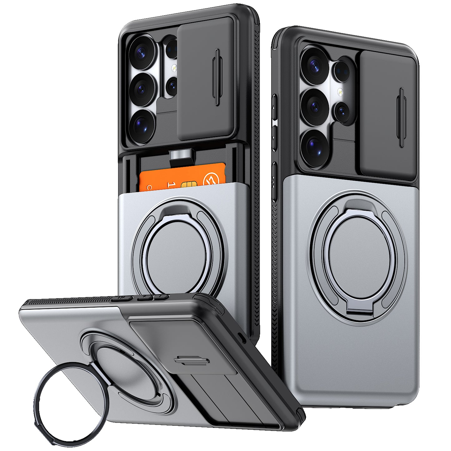 LuxuryKase Magnetic Card Holder Back Cover | Slide Camera Cover Protection | 360° Rotating & 120° Adjustable Kickstand | Shockproof Hard PC Back + Soft TPU Bumper For iPhone & Samsung Series