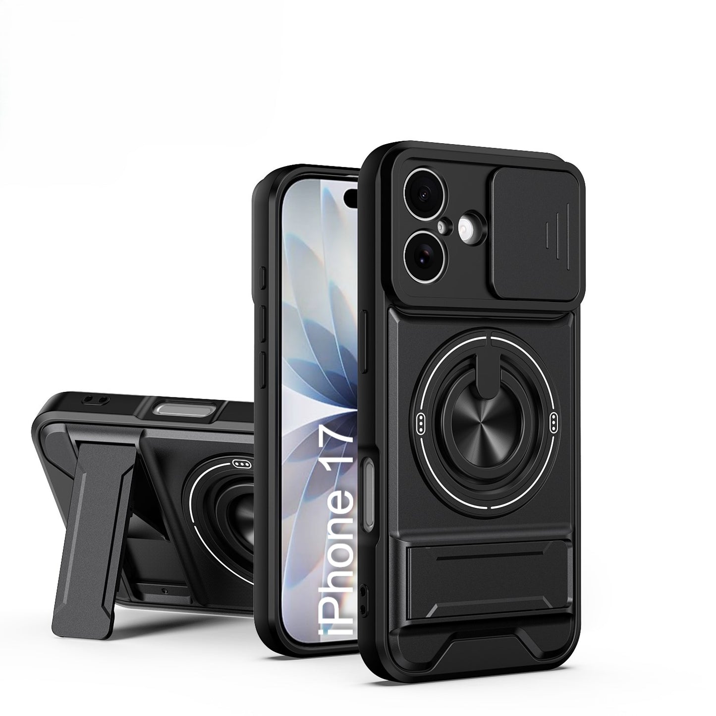 LuxuryKase Magnetic Armour Case | MagSafe Compatible | Sliding Camera Cover | 360° Finger Ring Holder | Built-In Bracket Stand | Hard PC Back & Soft TPU Bumper For iPhone & Samsung Series