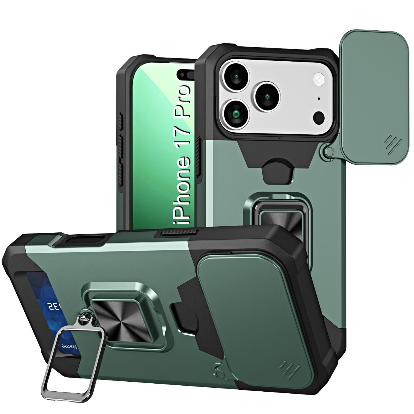 LuxuryKase Shockproof Armor Case | Slide Camera Cover | Hidden Card Slot | Rotating Ring Kickstand | Magnetic Car Mount Support | Military Grade Protection For iPhone & Samsung