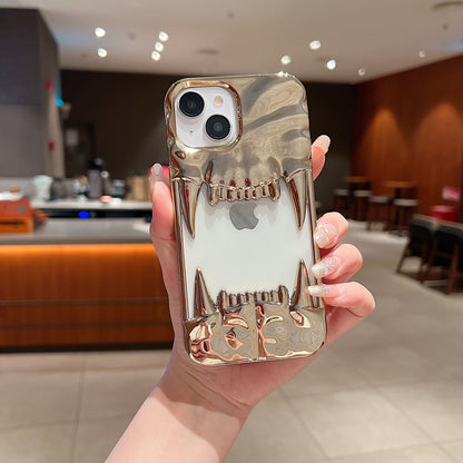 US LITE Shockproof Designer Metallic Chrome 3D Fangs Back Case | Anti-Scratch Grip | Full Camera Protection and Stylish Look For iPhone 14, 15 & 16 Series