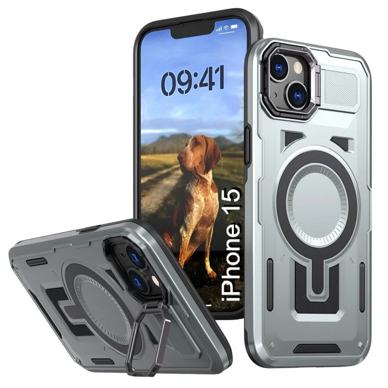 LuxuryKase Rugged Shockproof Magnetic Case with Kickstand | Dual Layer TPU+PC Protection | Mag-Safe Compatible | Camera Guard | Extreme Drop Resistance For iPhone Series